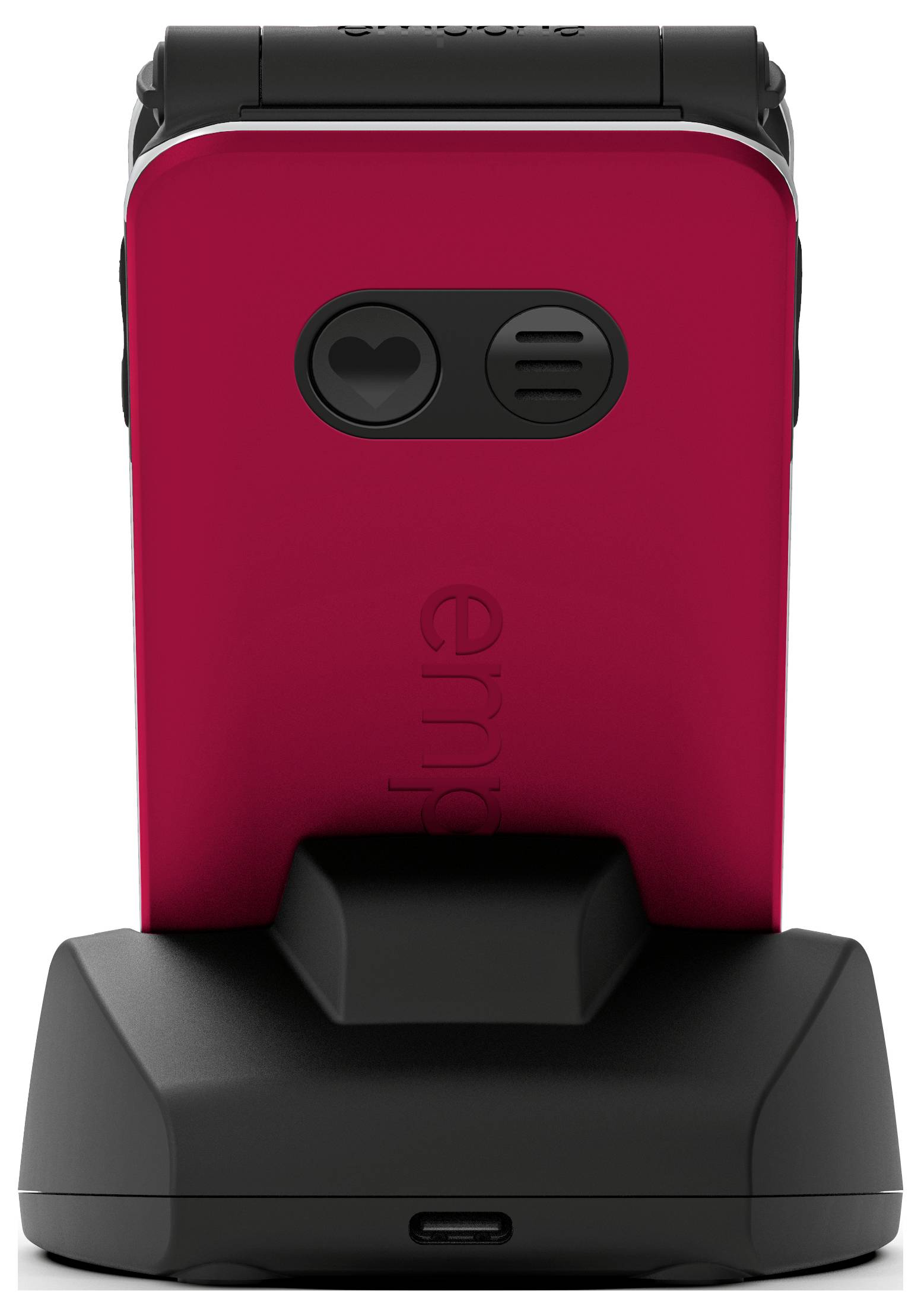 Ein rotes Klapp-Handy mit zwei Kameraobjektiven ruht auf einer schwarzen Ladestation und zeigt die Rückansicht deutlich.