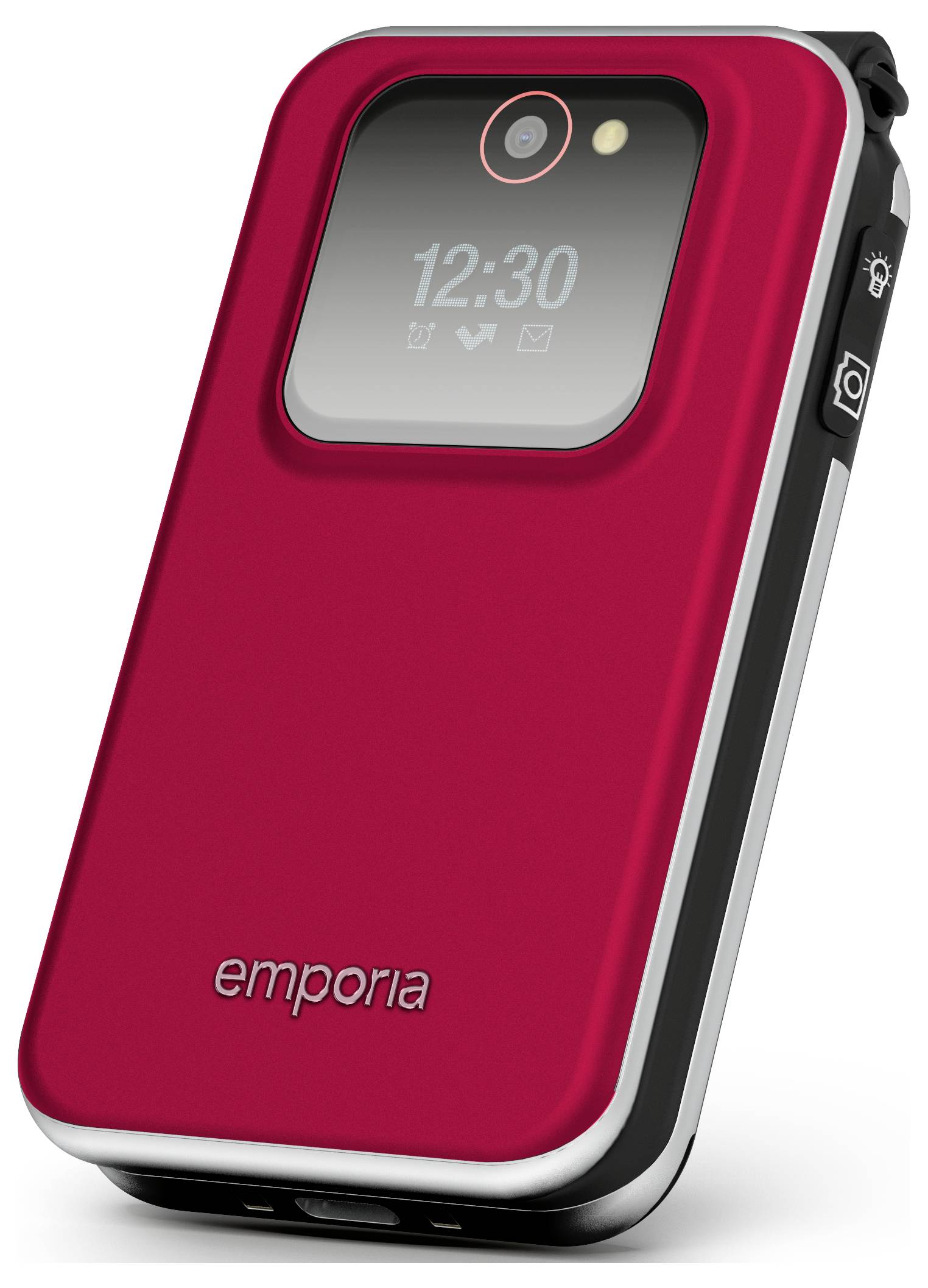 Ein rotes Klapphandy mit einem vorderen Display, das '12:30' anzeigt, und einer Kamera darüber. Das Telefon hat unten die Marke 'emporia'.