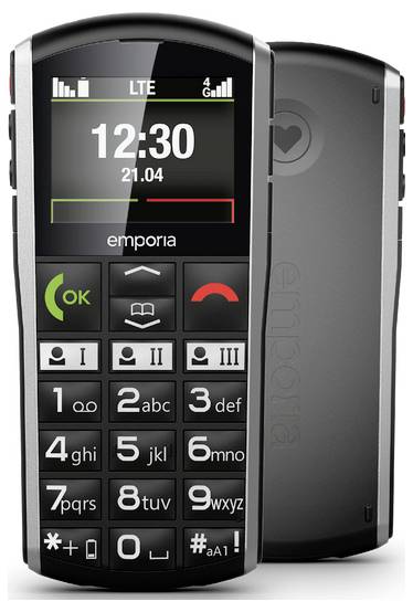 Ein schwarzes Mobiltelefon mit großen Tasten, ein kleines Display, das „12:30 21.04