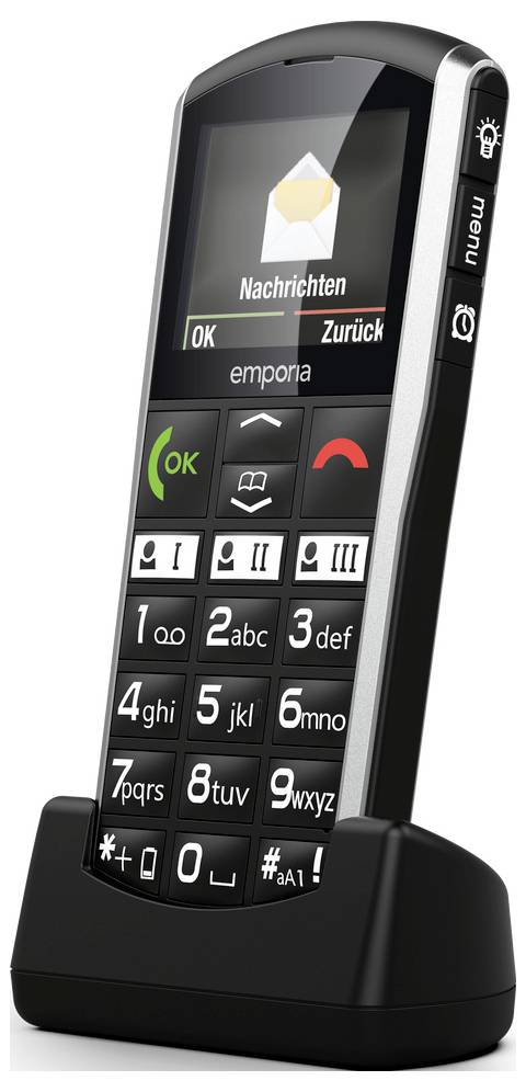 Seniorenfreundliches Mobiltelefon mit großen Tasten, lesbarem Bildschirm und Ladeständer, zeigt eine Nachrichtenbenachrichtigung an; entworfen für einfache Bedienung.