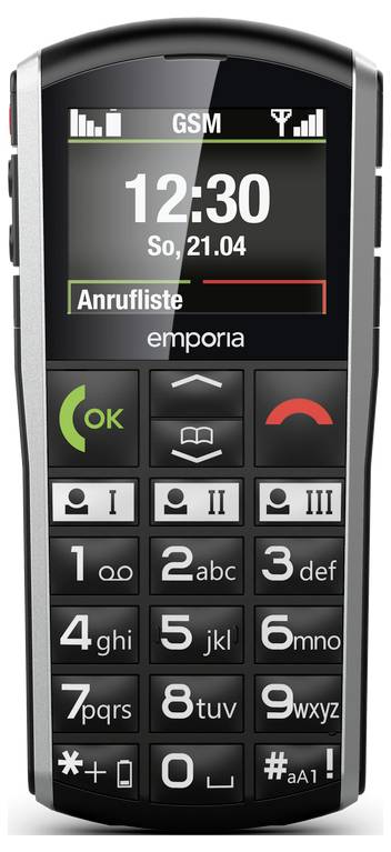 Ein Mobiltelefon mit großen Tasten, einem Display, das „12:30