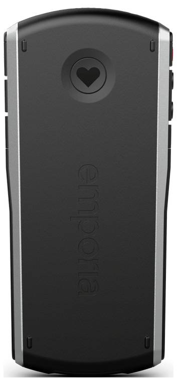 Ein schwarzes Emporia-Gerät mit einem Herzsymbol auf der Rückseite, mit einem eleganten, abgerundeten Design und silbernen Kanten.