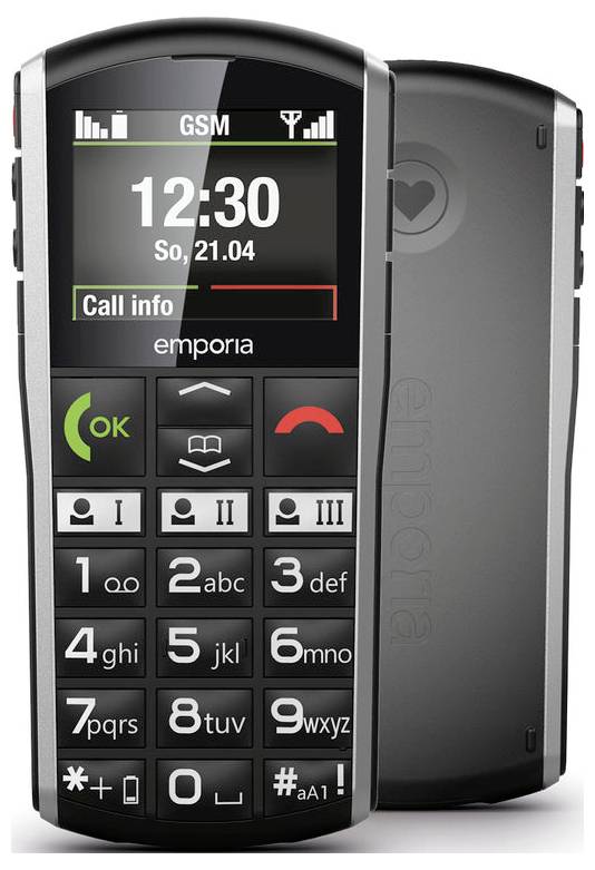 Ein Mobiltelefon mit großem digitalem Display, das '12:30' und 'Anrufinformationen' anzeigt. Verfügt über große Tasten mit deutlichen Zahlen und Symbolen.