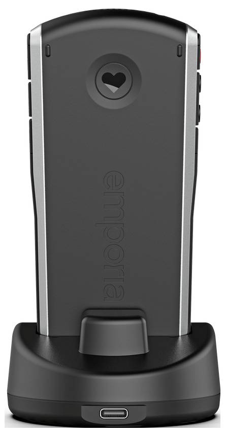 Ein schwarzes elektronisches Gerät mit einem Herzsymbol oben, auf einer Ladestation montiert. Der Markenname „empore
