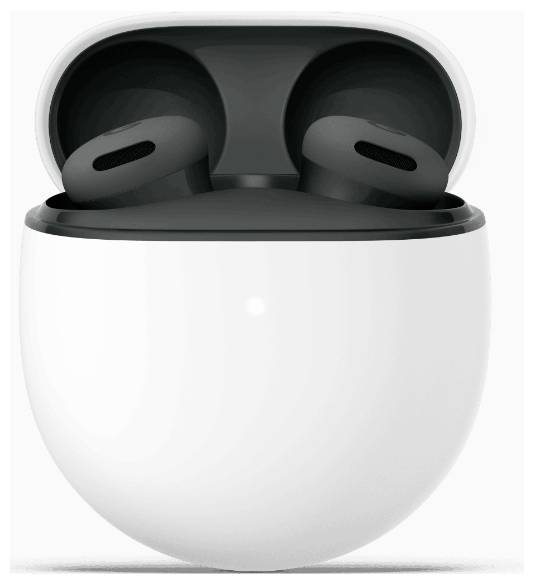 Offene weiße Ladestation mit schwarzen kabellosen Kopfhörern, konzipiert für kompakte Lagerung und einfachen Transport.