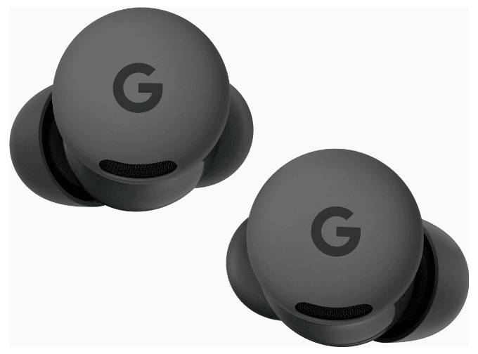 Zwei schwarze kabellose Ohrhörer mit „G