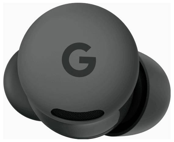 Nahaufnahme von schwarzen kabellosen Ohrhörern mit dem Buchstaben G darauf.