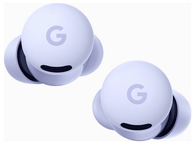 Zwei weiße kabellose Google-Ohrhörer mit dem „G