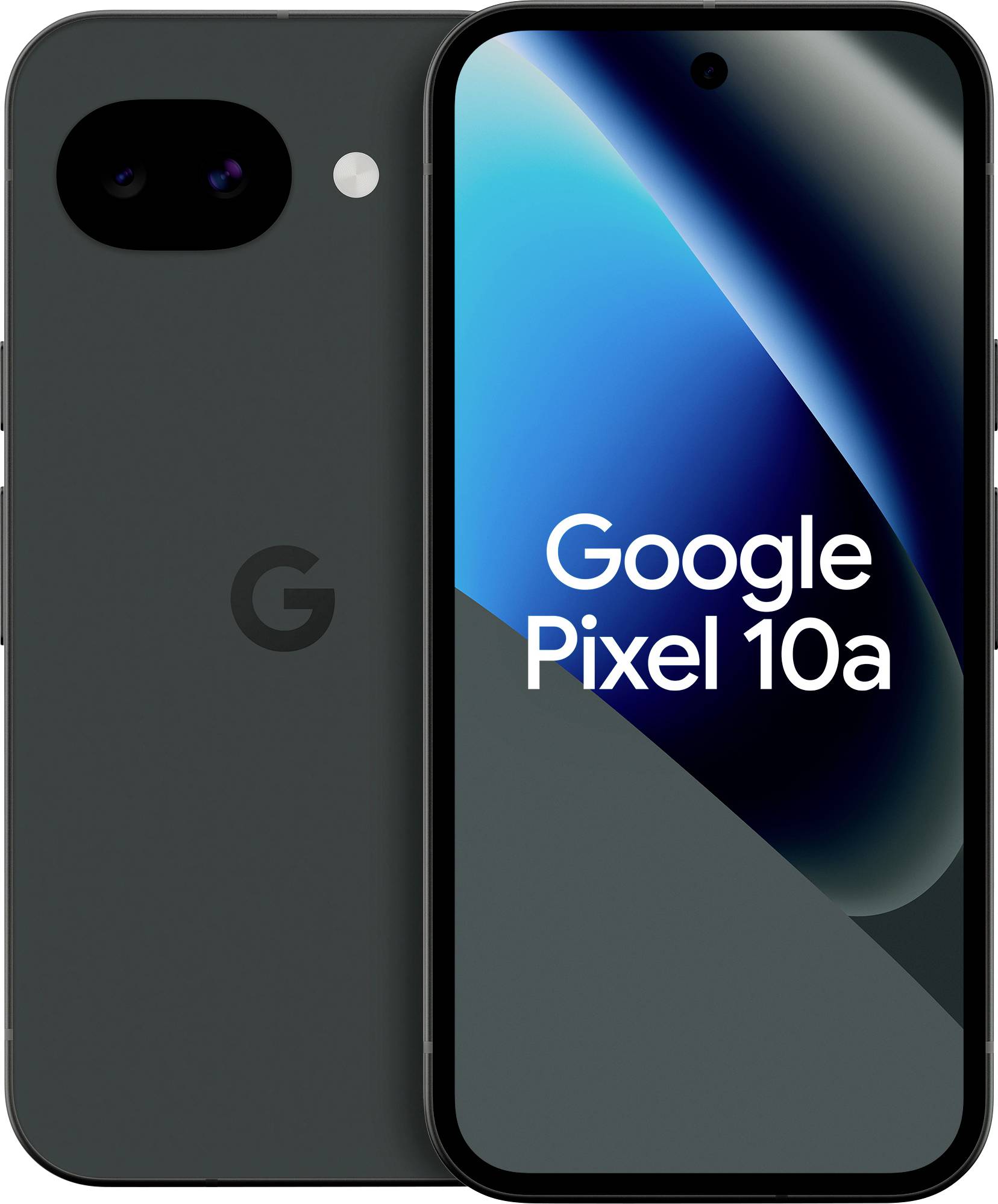 Vorder- und Rückansicht des Google Pixel 10a Smartphones, das ein elegantes Design mit einer dualen Rückkamera und ein Display zeigt, das „Google Pixel 10a