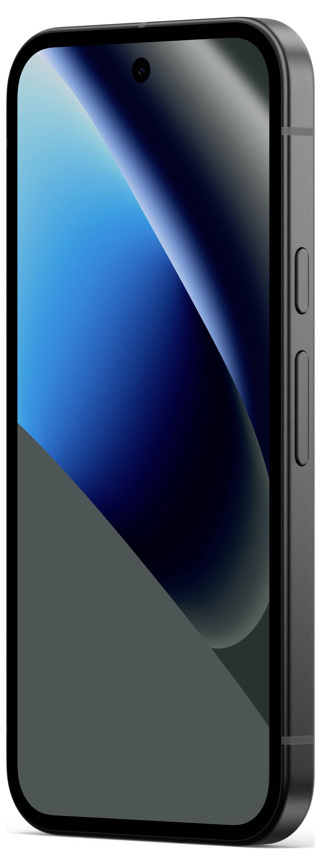 Ein modernes Smartphone mit schwarzem Rahmen, das einen großen kantenlos glänzenden Bildschirm aufweist, wird aufrecht angezeigt und zeigt ein blauorientiertes Hintergrundbild.