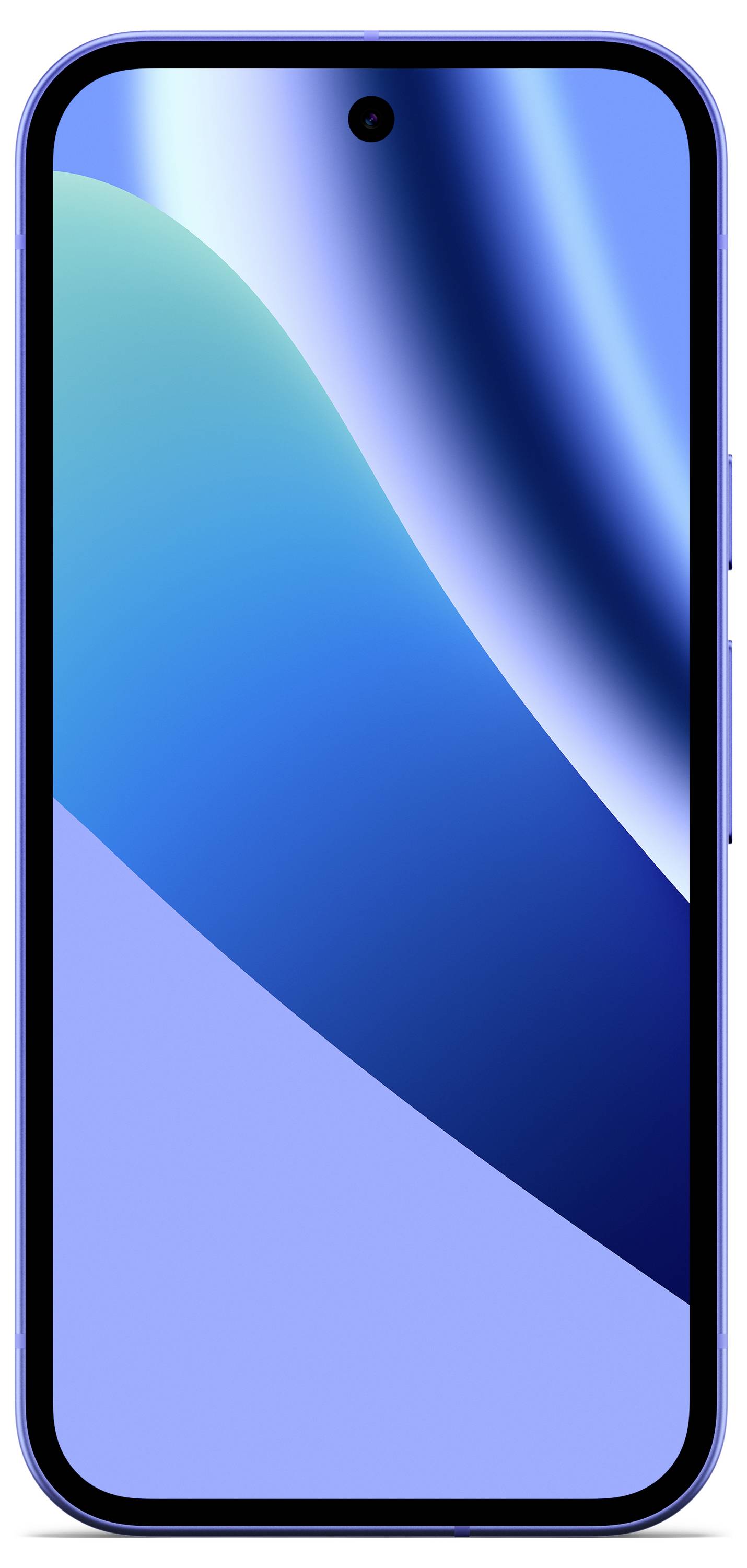 Smartphone mit einem blaubundenem abstrakten Wellenmuster auf dem Bildschirm, mit einer Loch-Lochkamera oben in der Mitte an der Vorderseite.