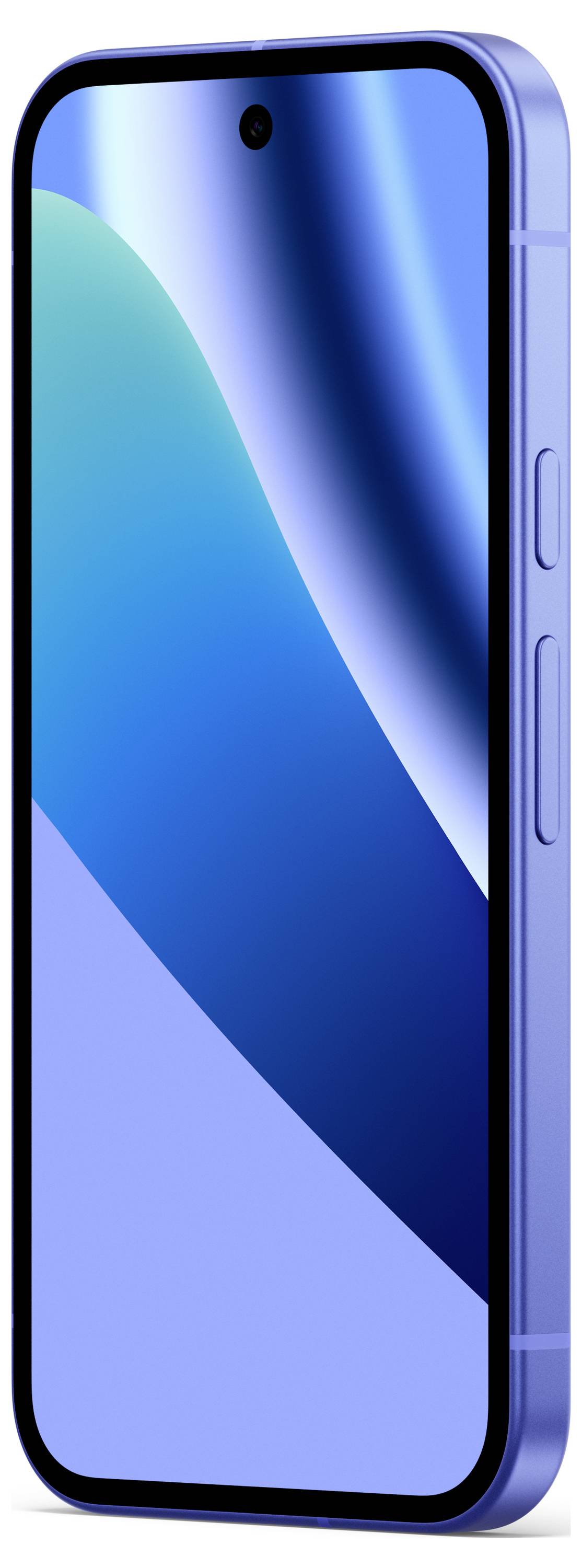Ein blaues Smartphone mit schlankem Design und randlosem Display wird gezeigt. Der Netzschalter und die Lautstärkeregler sind auf der Seite sichtbar.