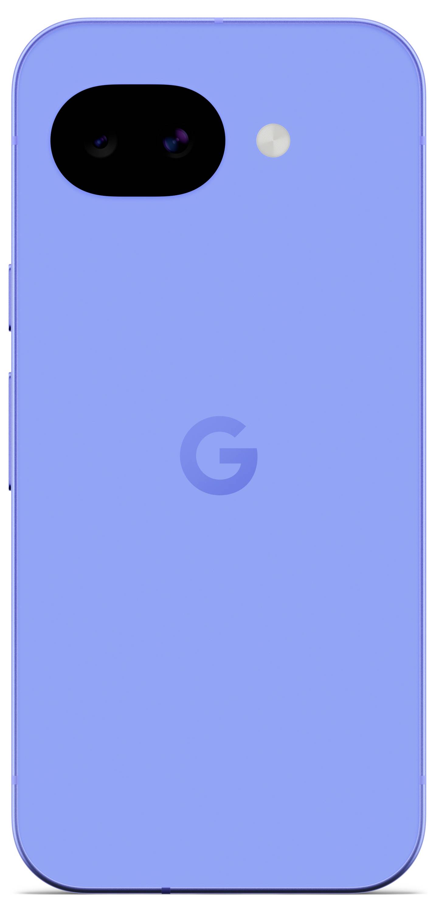 Blaues Smartphone mit Google-Logo auf der Rückseite, mit Dual-Kamera-System und Blitz in der oberen linken Ecke.