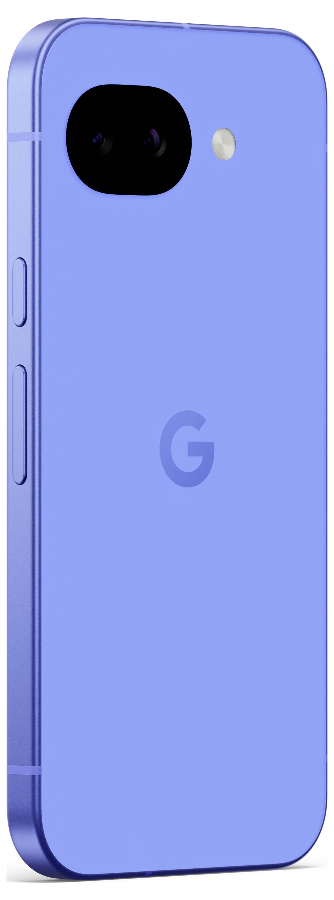 Ein blaues Smartphone mit einer Rückkamera und Blitz. Das Gerät hat ein 