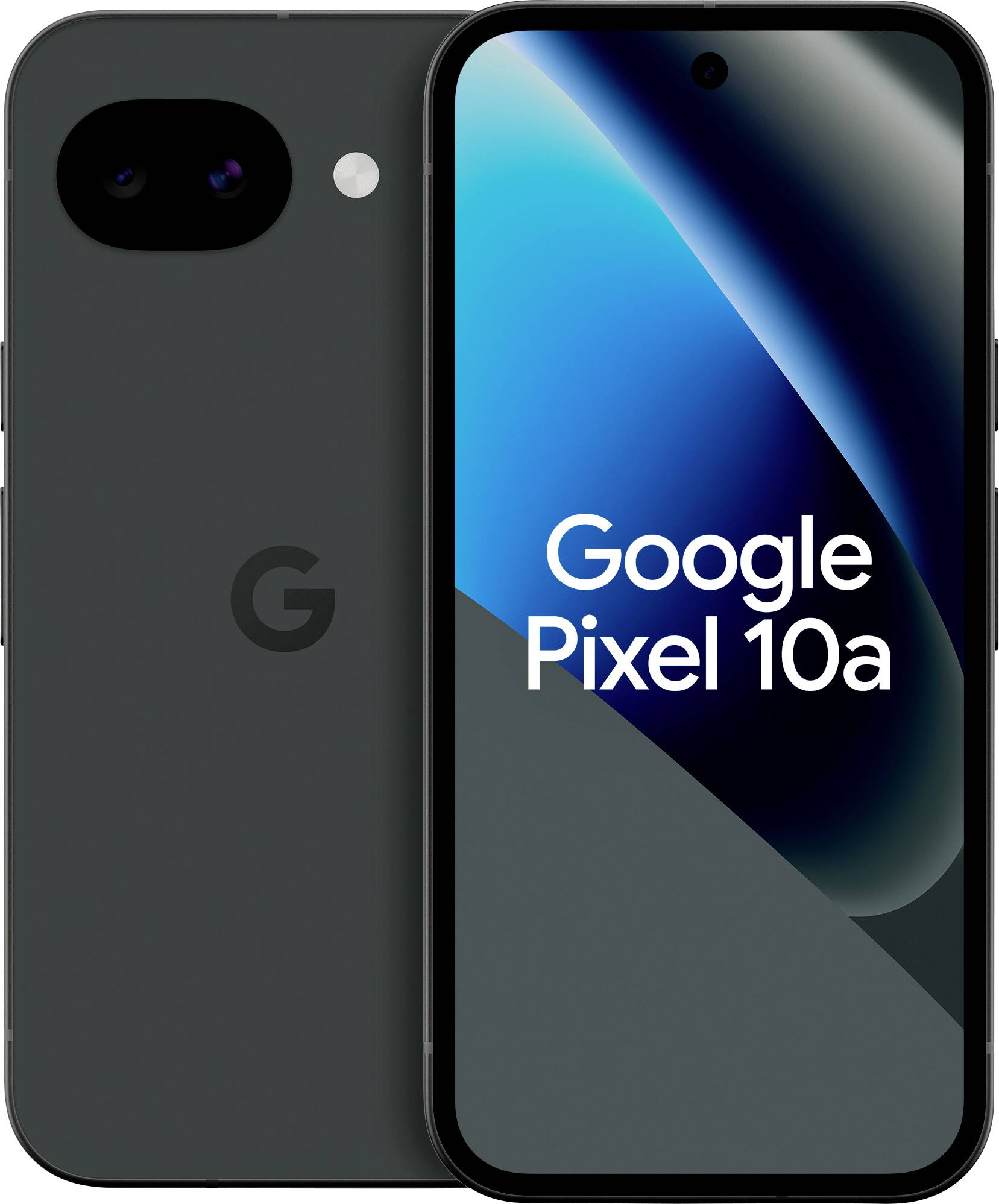 Vorder- und Rückansicht des Google Pixel 10a Smartphones, die seinen Bildschirm mit blauem Farbverlaufshintergrund und dem Text 