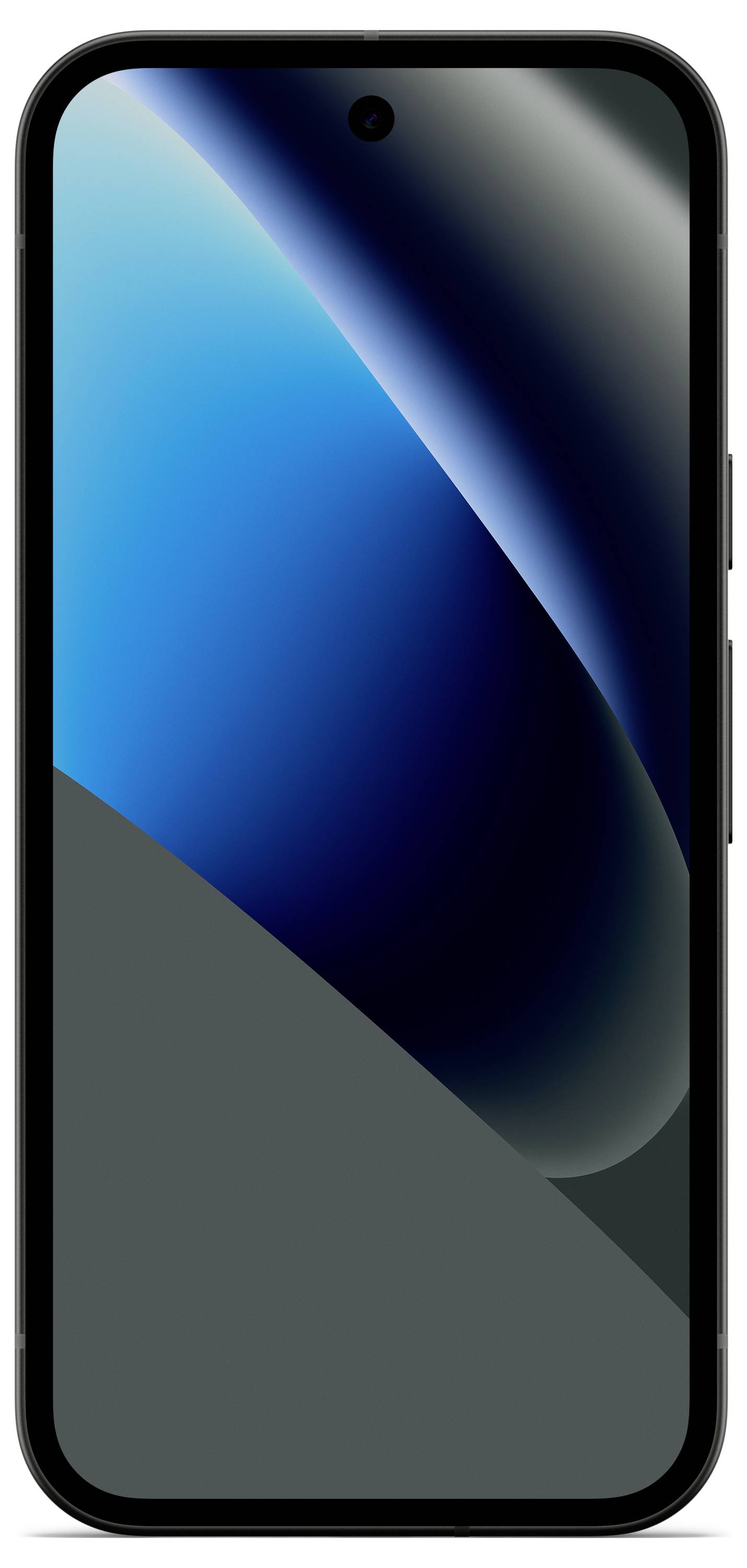 Ein Smartphone mit schlankem, gebogenem Display, das abstrakte blaue Farbverläufe anzeigt.