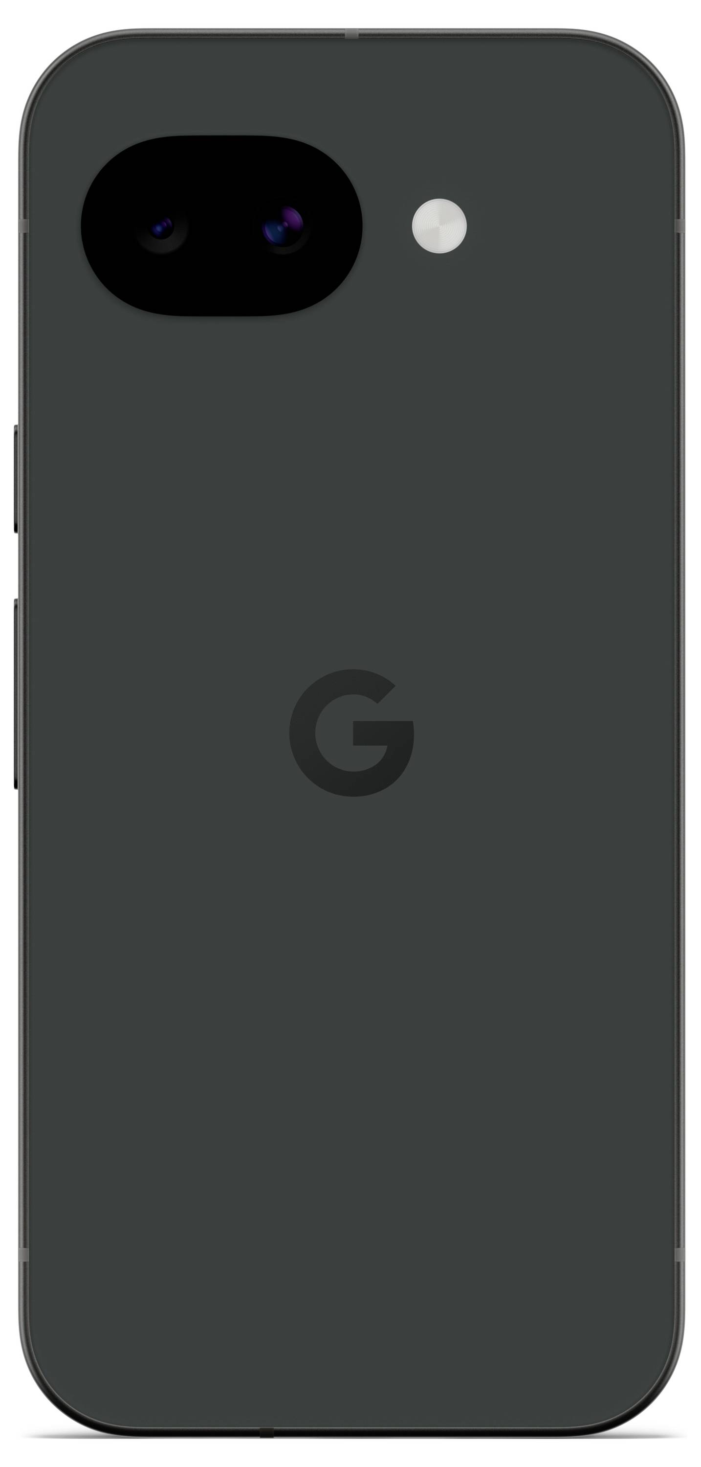 Das Bild zeigt die Rückseite eines schwarzen Smartphones mit einer Kameralinse, einem Blitz und dem Buchstaben 'G'-Logo in der Mitte.