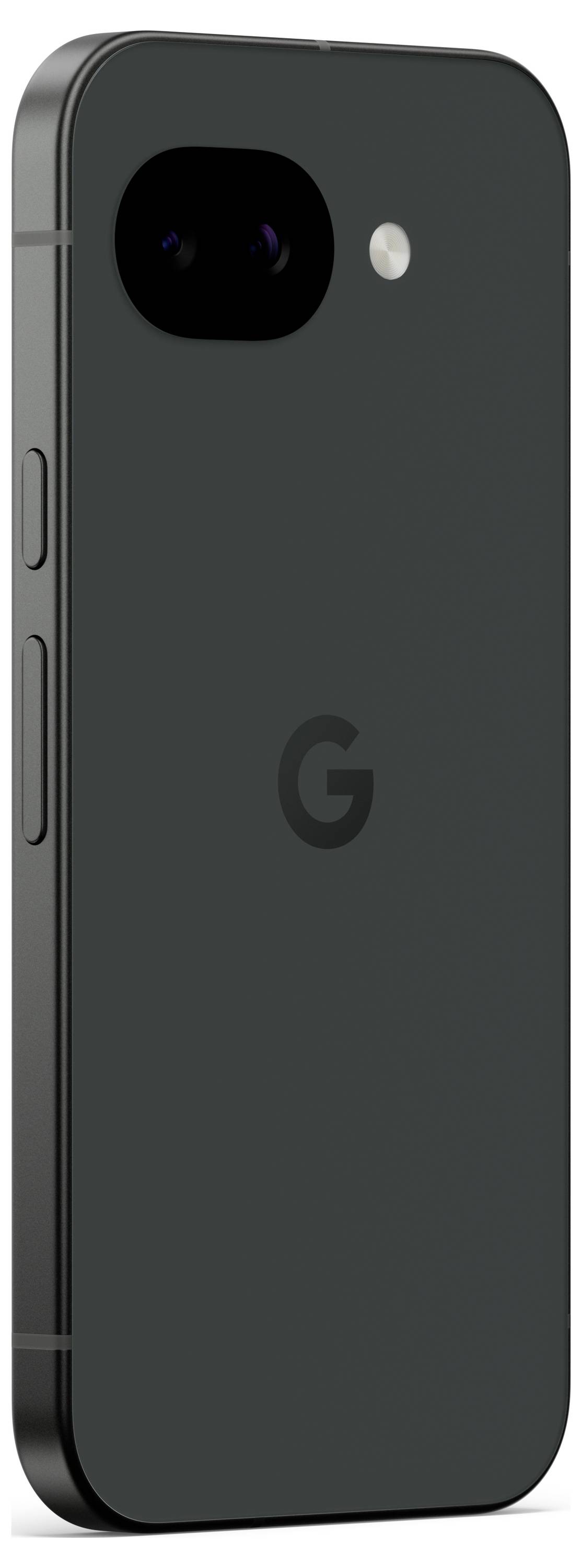 Ein schwarzes Smartphone mit einer Dual-Kamera-Einrichtung und einem LED-Blitz auf der Rückseite, mit einem prominenten 