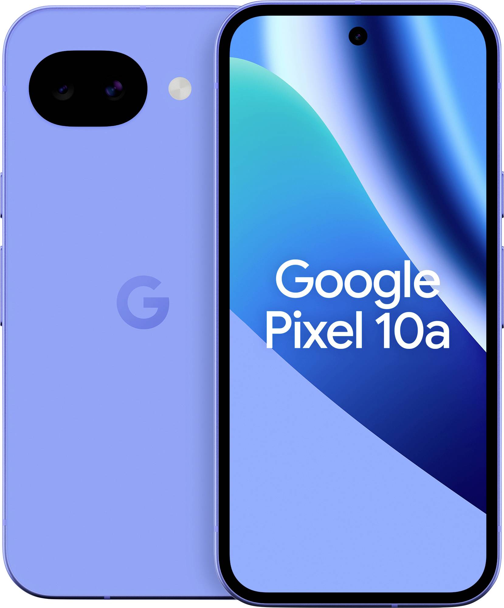 Ein blaues Google Pixel 10a Smartphone, Vorder- und Rückansicht, zeigt eine Rückfahrtkamera und einen Bildschirm, auf dem der Text 'Google Pixel 10a' angezeigt wird.