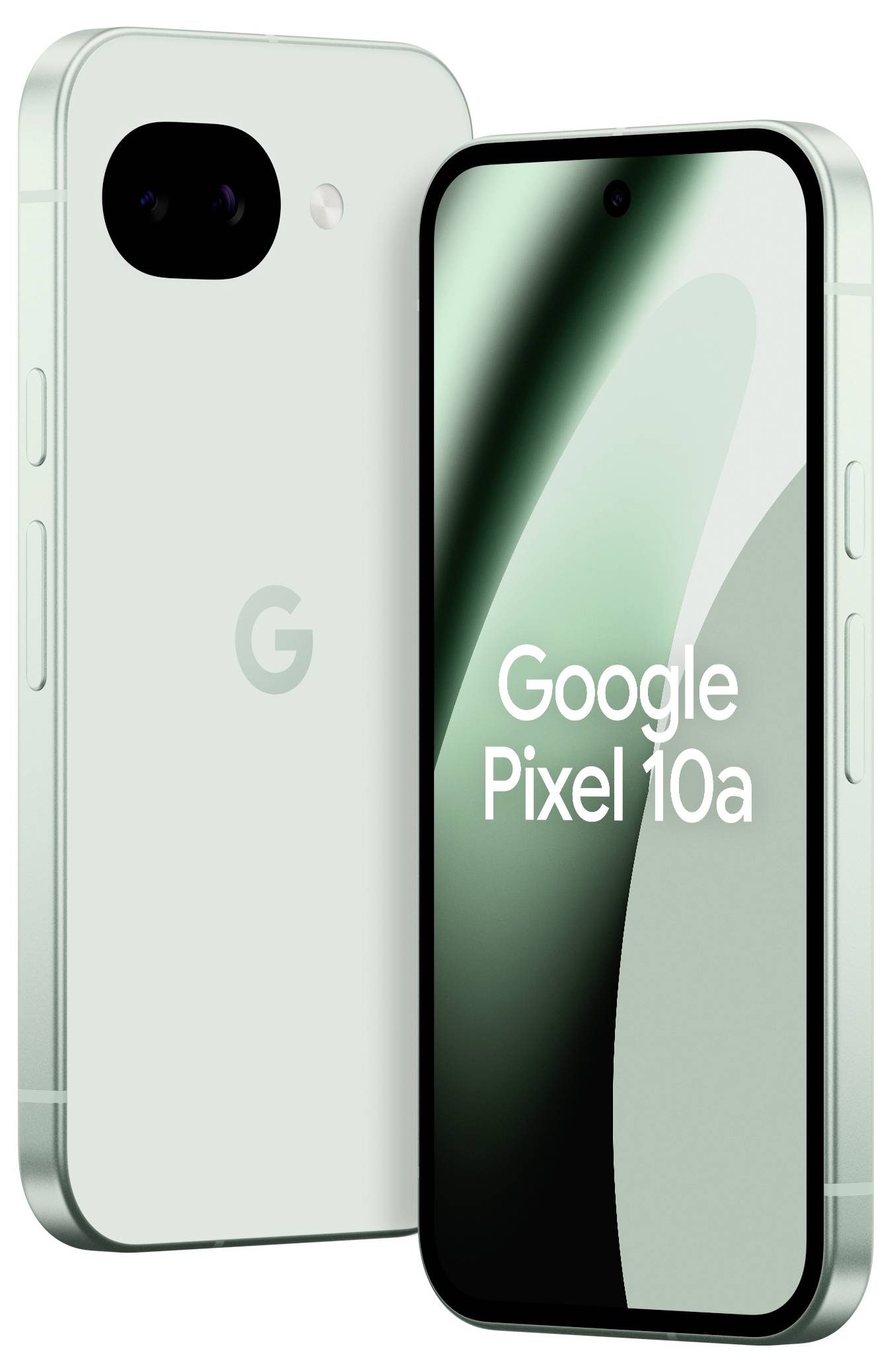 Grünes Google Pixel 10a Smartphone, das sein Front-Display mit der Aufschrift „Google Pixel 10a