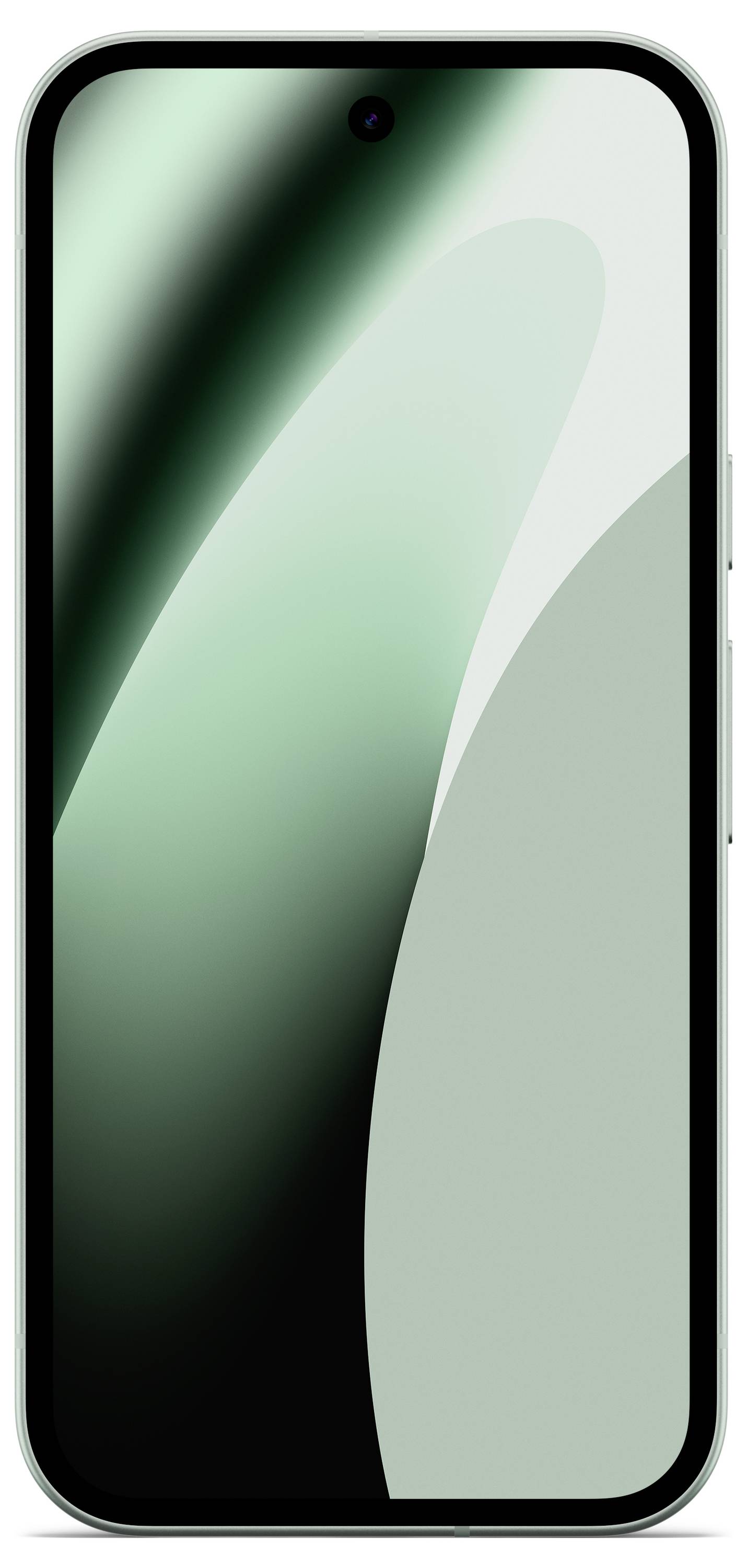 Ein elegantes Smartphone mit einem großen, farbenfrohen Display, das abstrakte grüne und schwarze Kurven auf dem Bildschirm zeigt, möglicherweise ein Hintergrundbild.