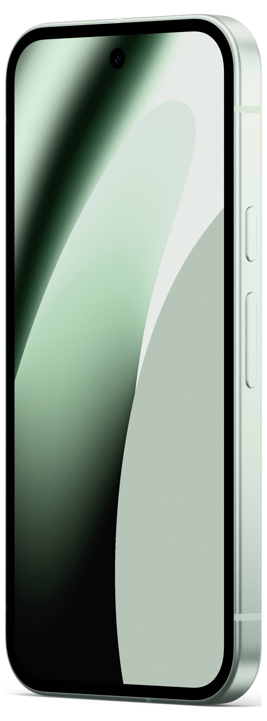Ein modernes Smartphone mit eleganter, grüner Farbverlauf-Rückseite, in einem Winkel dargestellt, das sein schlankes Design und die abgerundeten Kanten hervorhebt.