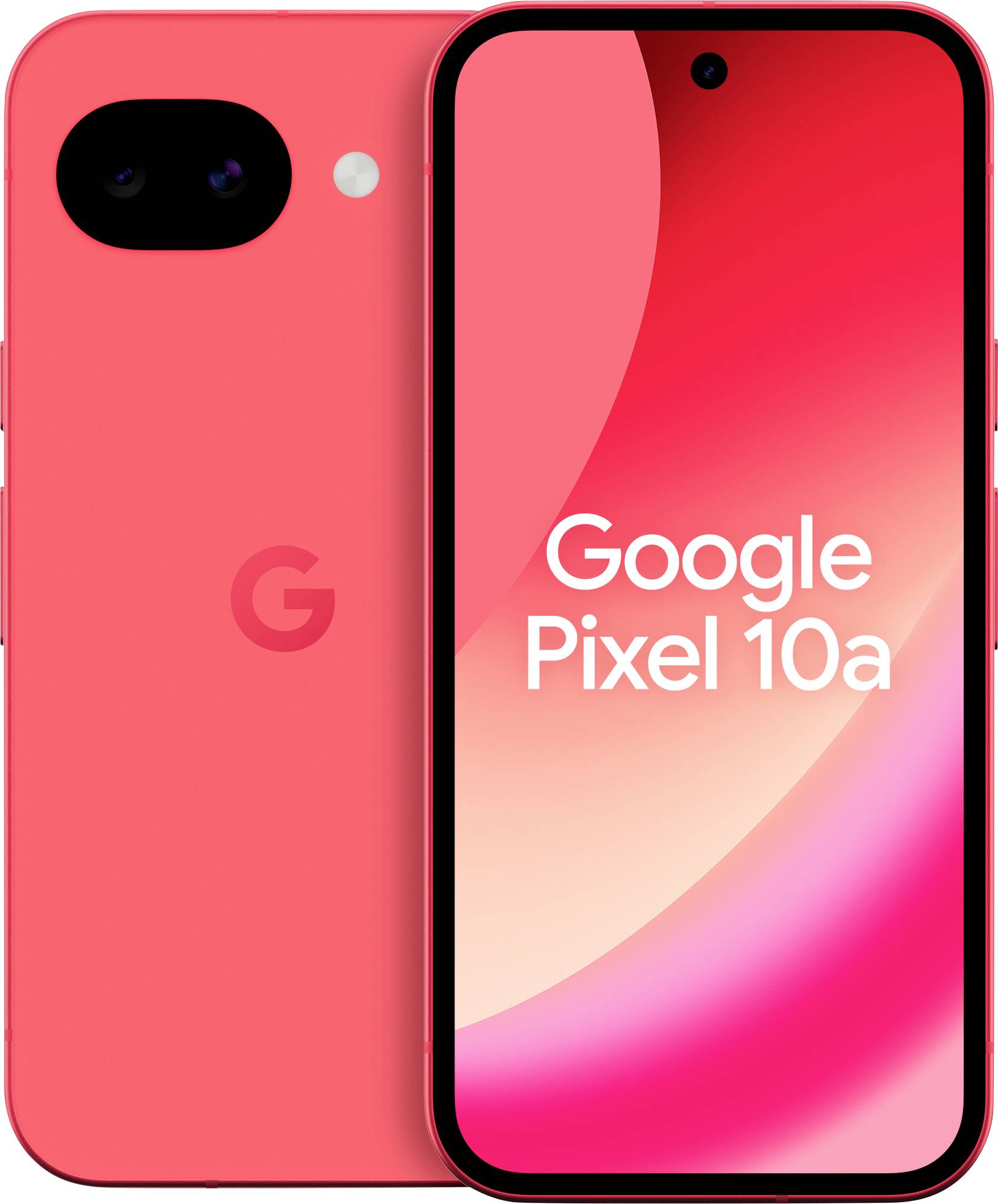 Ein rosa Google Pixel 10a Smartphone, das Vorder- und Rückseite zeigt. Der Bildschirm zeigt „Google Pixel 10a