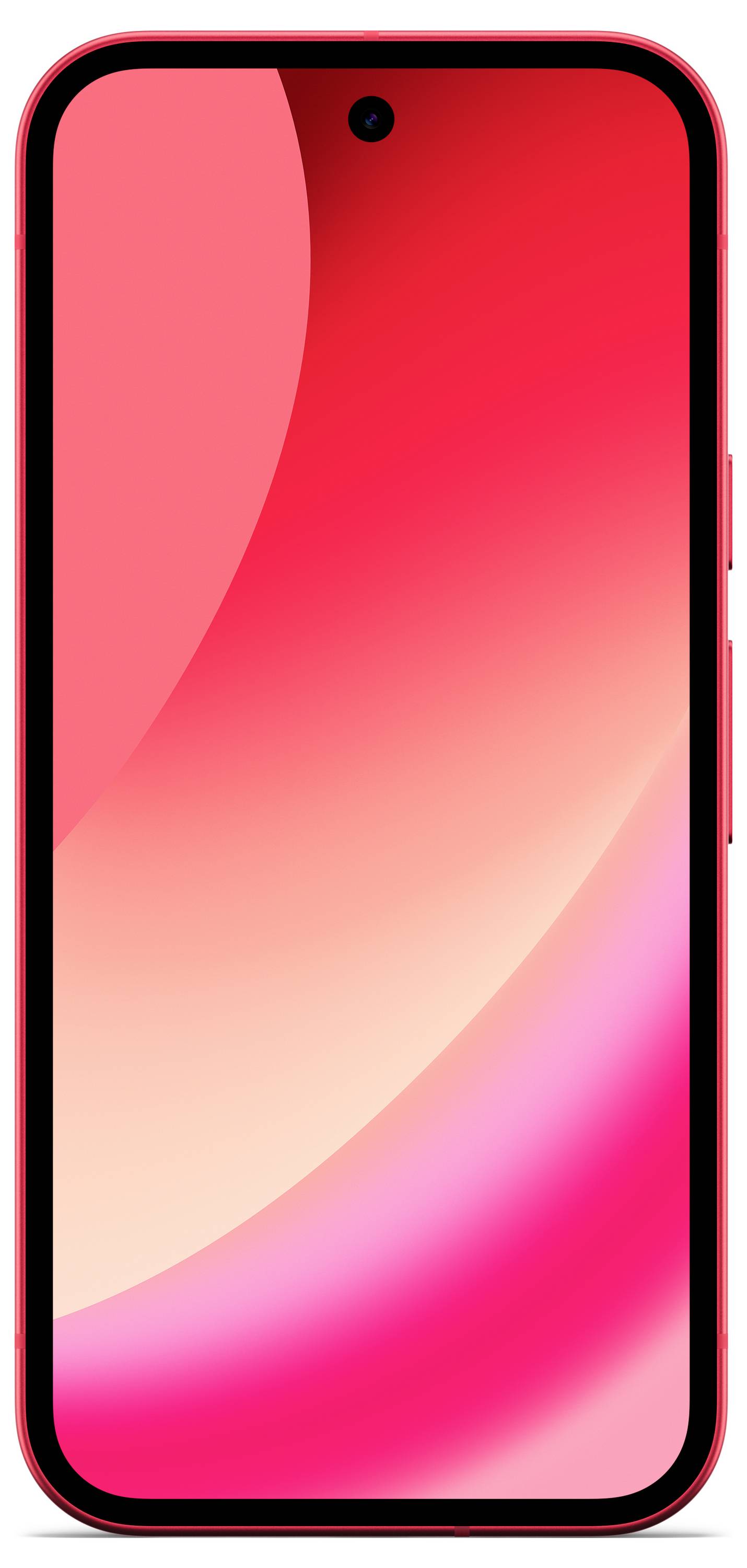 Ein Smartphone mit einem leuchtenden rot-rosa Farbverlauf-Bildschirm und einer einzelnen Frontkamera oben in der Mitte. Das Telefon hat einen roten Rahmen.