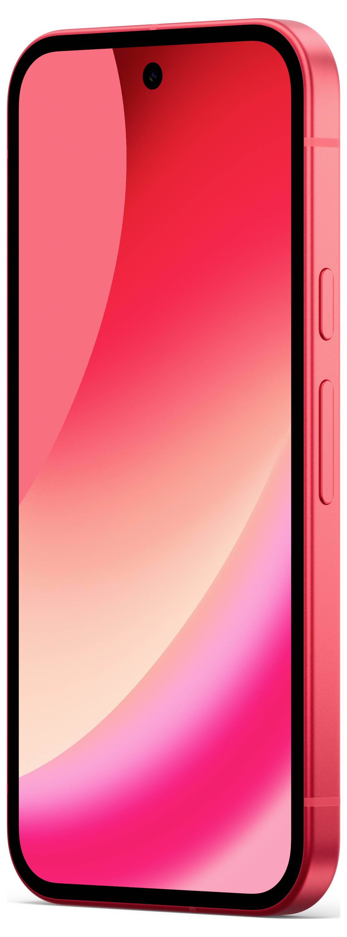 Ein Smartphone mit schlankem roten Design, frontseitiges Display und Seitentasten, in einer Schrägansicht dargestellt.