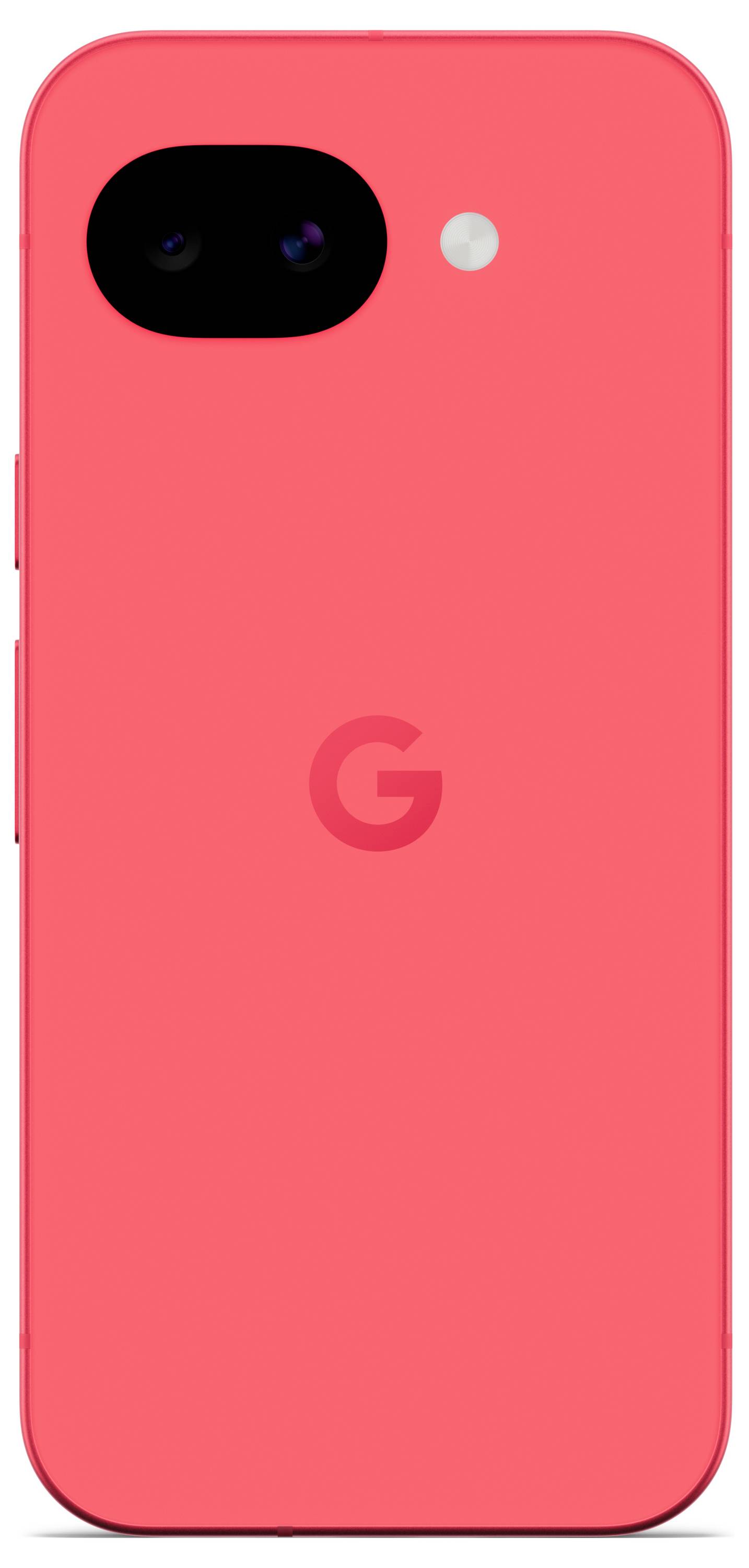 Ein lebhaft rotes Smartphone mit minimalistischem Design mit einer kleinen Kamera und einem Blitz auf der Rückseite sowie dem Buchstaben 'G'.