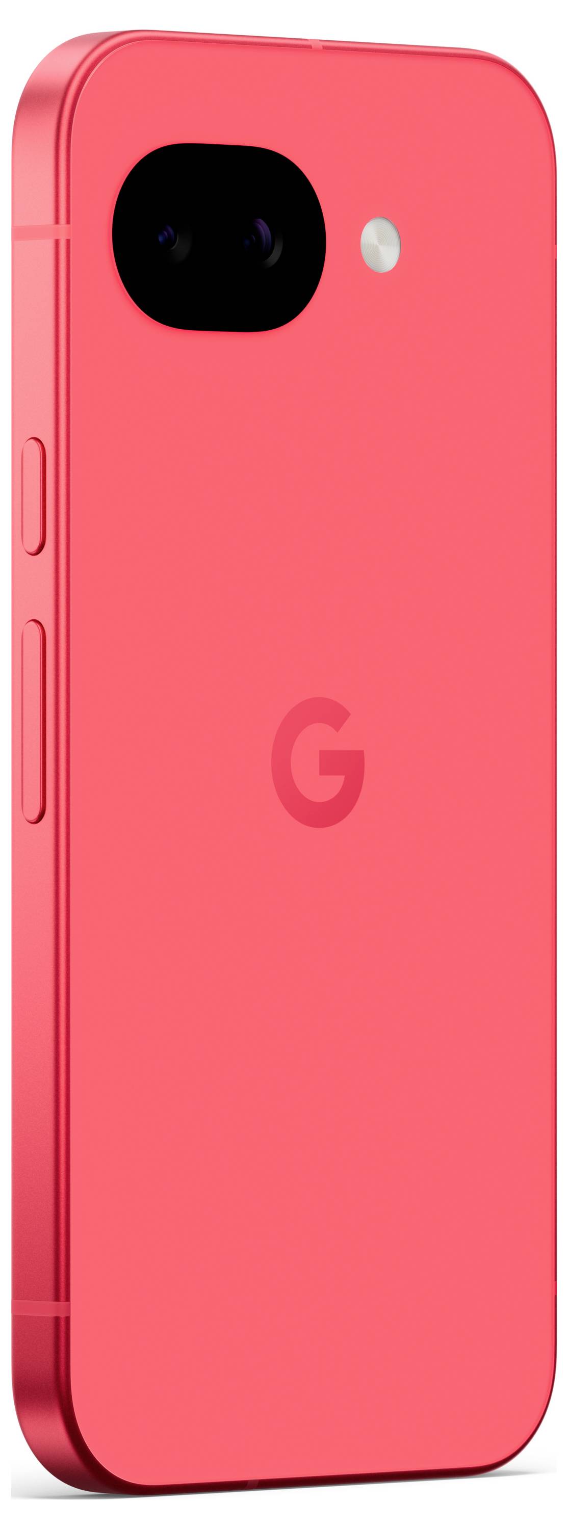 Ein rotes Smartphone mit Kamera und Blitz auf der Rückseite, mit einem 