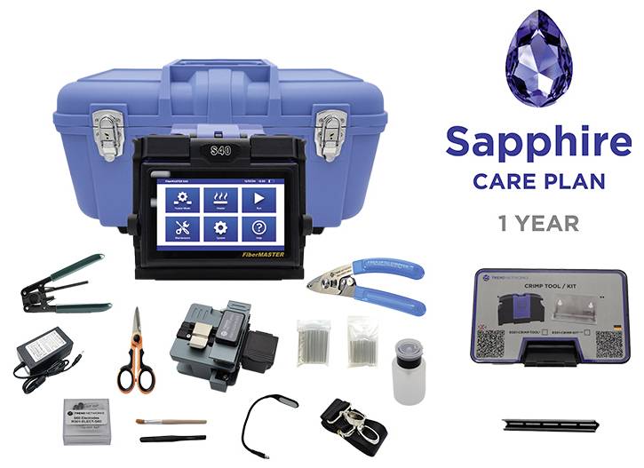 Sapphire Care Plan: 1 Jahr. Blaues Toolkit mit elektronischem Gerät, verschiedenen Glasfaserwerkzeugen und Zubehör für Wartung und Reparatur.