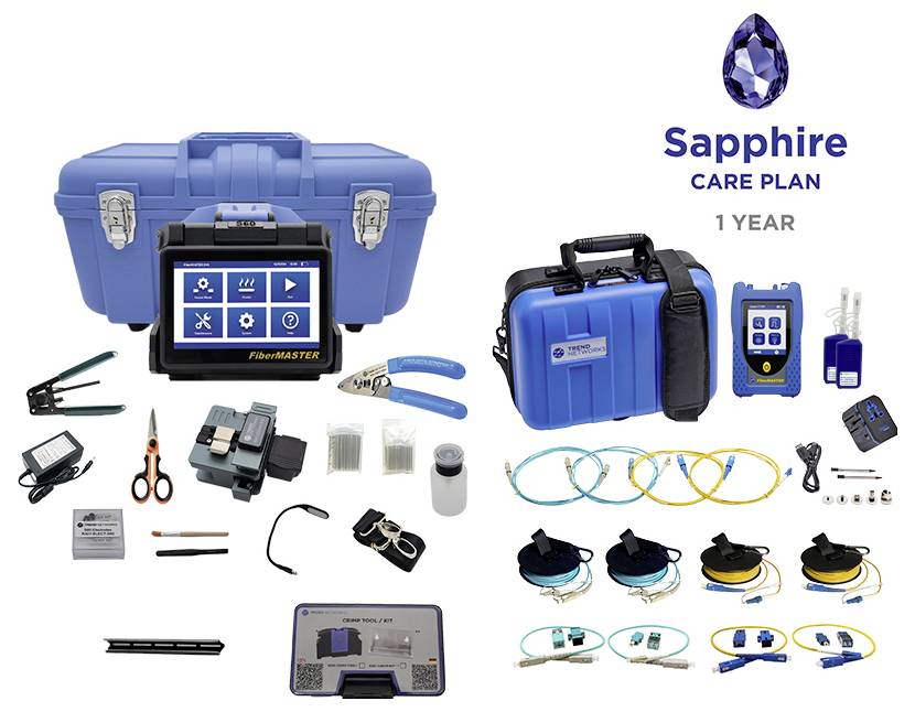 Das Bild zeigt ein blaues Werkzeugset und Zubehör für die Glasfaser-Wartung, mit dem 