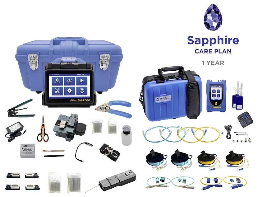 Bild eines Glasfaserwerk­zeug­satzes mit verschiedenen Werkzeugen und Zubehör für Installation und Wartung. Enthält einen Sapphire Care Plan für 1 Jahr.