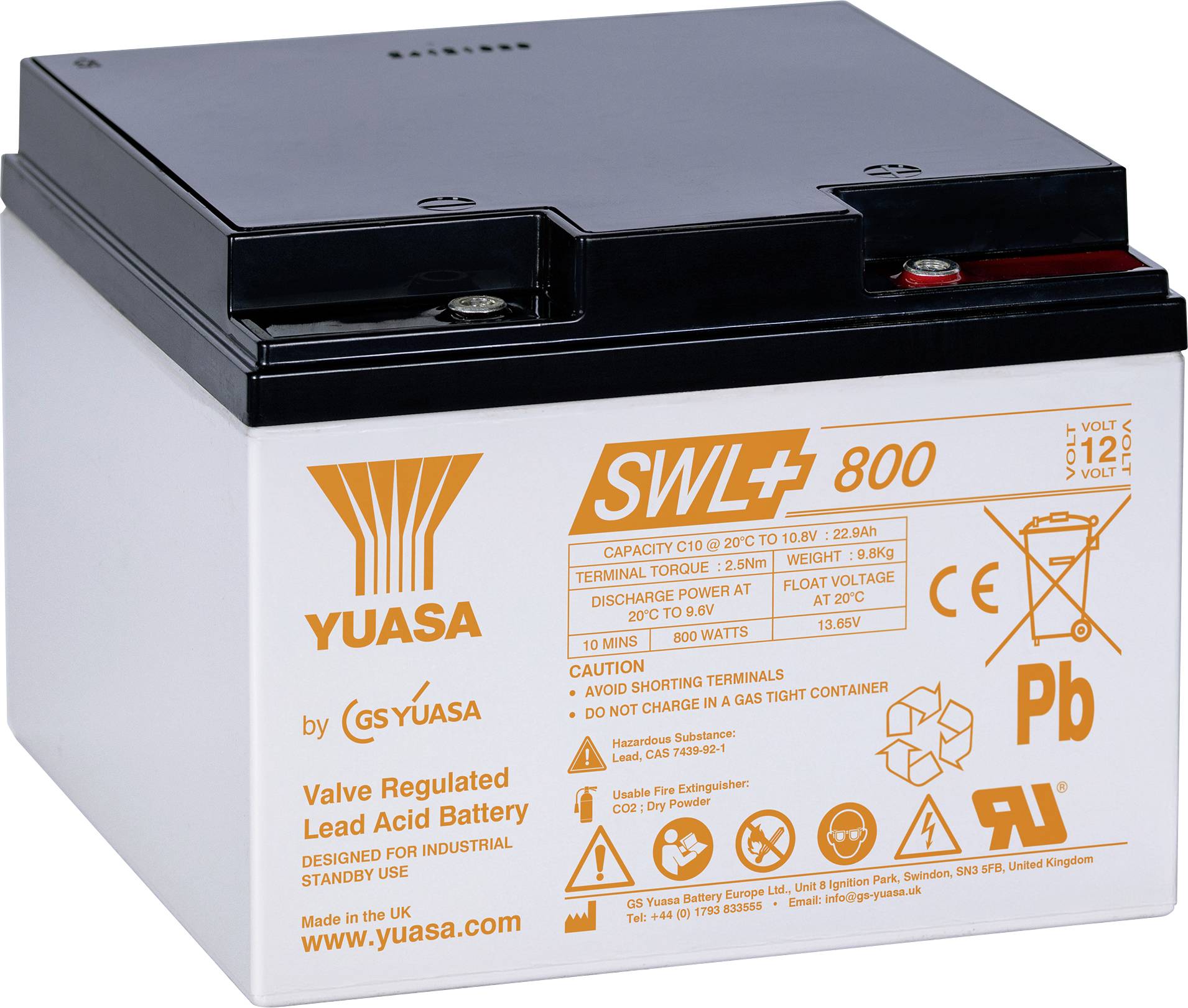 Eine weiße Bleisäure-Batterie mit schwarzem Deckel, beschriftet mit „Yuasa SWL 800
