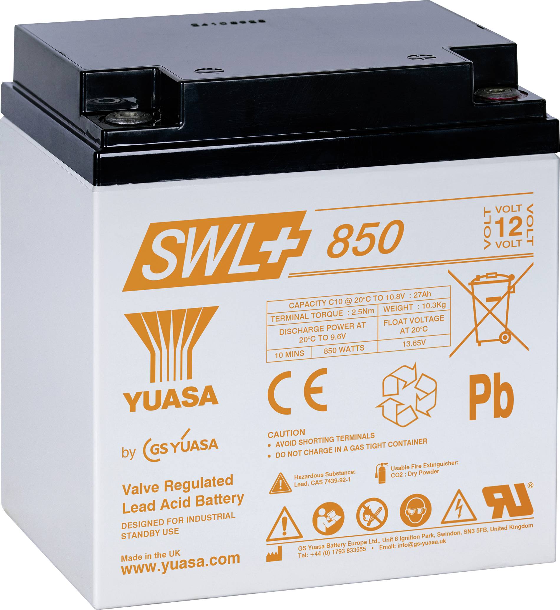 Eine weiß und orange Bleiakku-Batterie mit der Bezeichnung „YUASA SWL 850