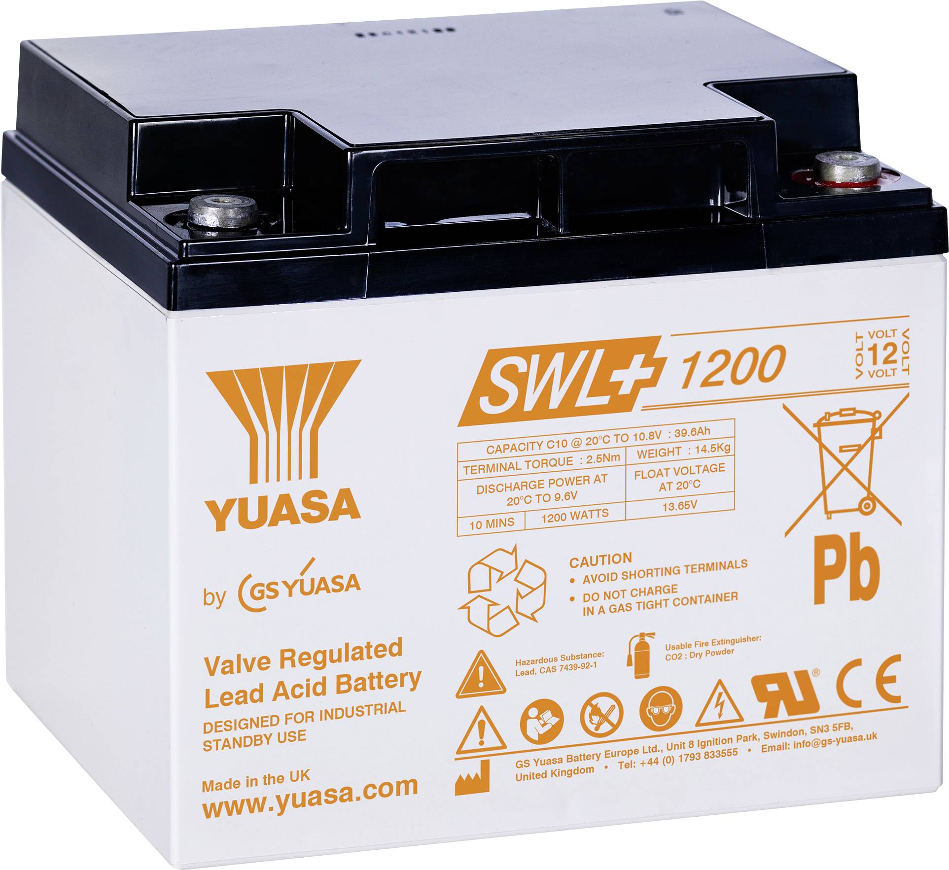 Eine industrielle Bleiakkumulatorbatterie mit dem Etikett 'SWL+ 1200', auf dem technische Spezifikationen, Marke (Yuasa) und Sicherheitssymbole angezeigt werden.