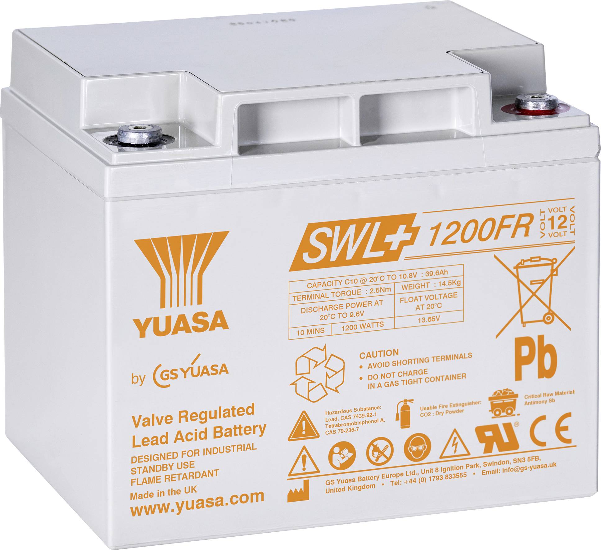 Eine weiße Yuasa-Ventilbatterie mit Blei-Säure-Technologie und orangefarbigem Etikett. Sie ist für industrielle Standby-Anwendungen konzipiert, 12 Volt, 51,6 Ah Kapazität.