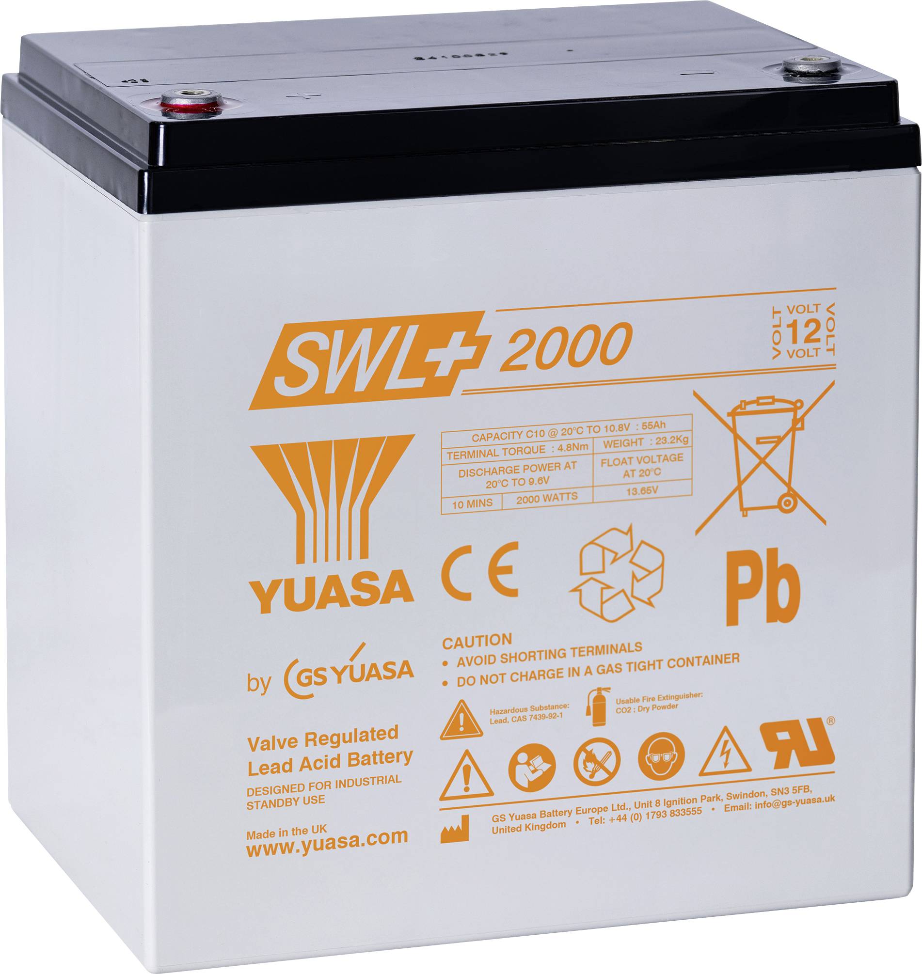 Eine Yuasa SWL 2000 Bleiakkumulator-Batterie mit Spezifikationen und Sicherheitssymbolen auf dem Gehäuse aufgedruckt.