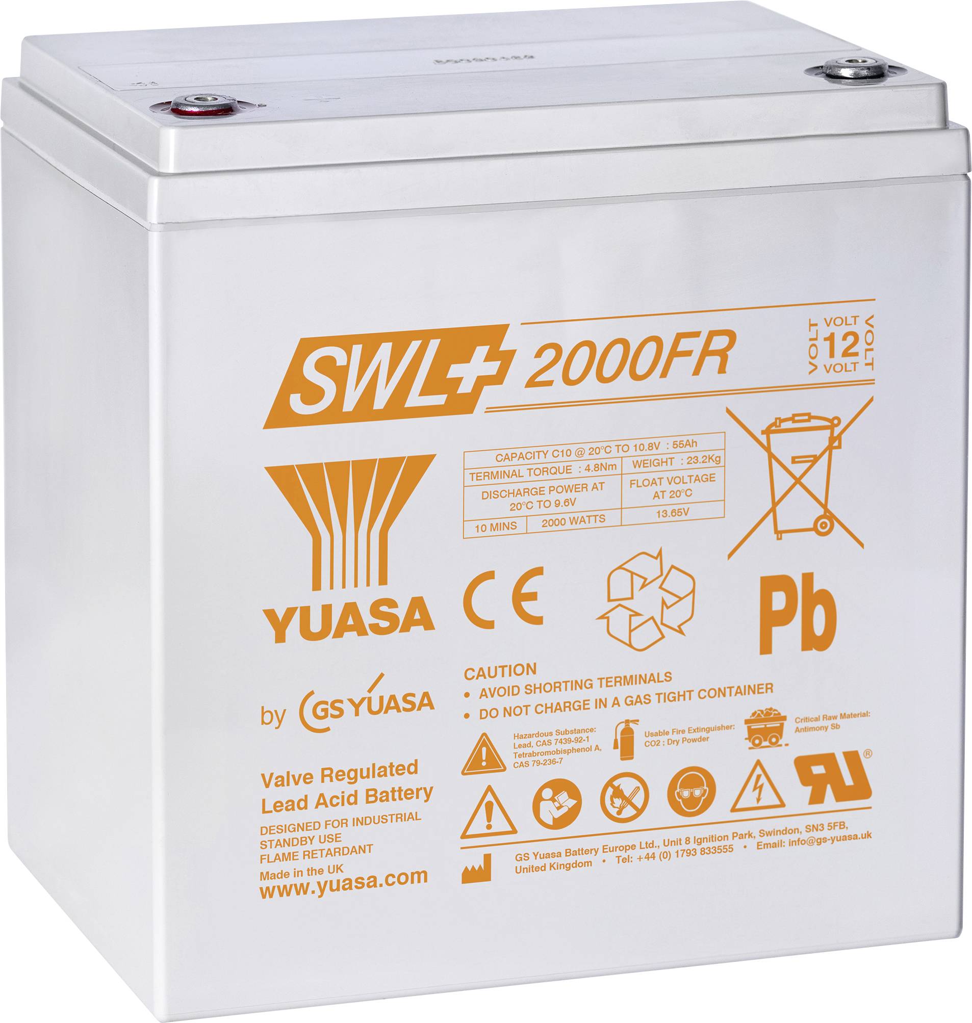 Eine weiße Blei-Säure-Batterie mit der Bezeichnung „YUASA SWL 2000FR