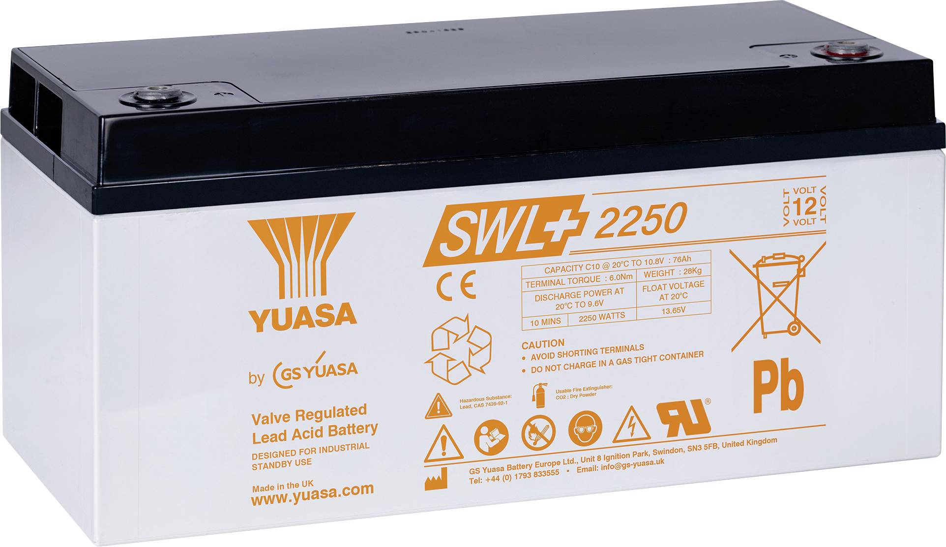 Eine rechteckige Bleiakku-Batterie mit der Bezeichnung „YUASA SWL 2250