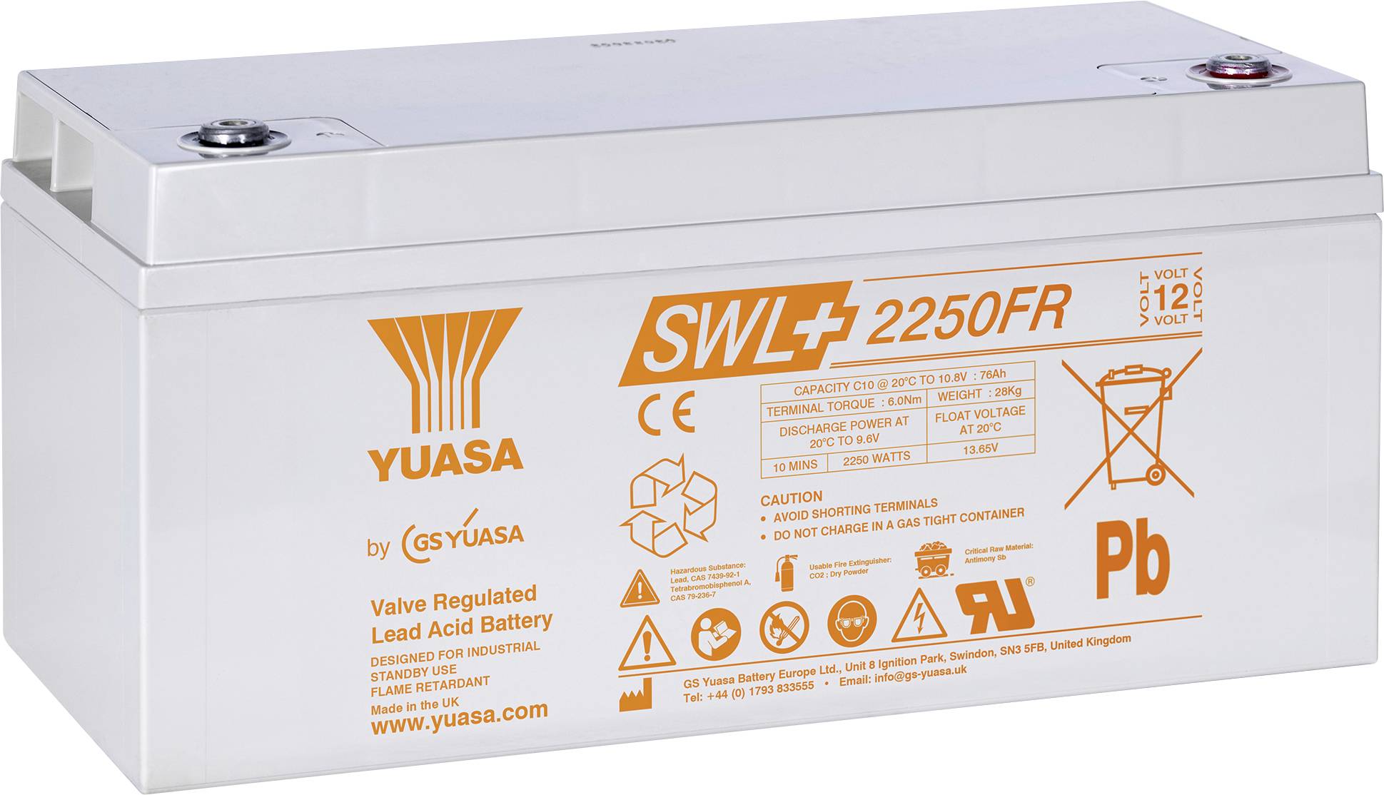 Eine weiße Bleisäurebatterie mit der Bezeichnung „YUASA SWL 2250FR