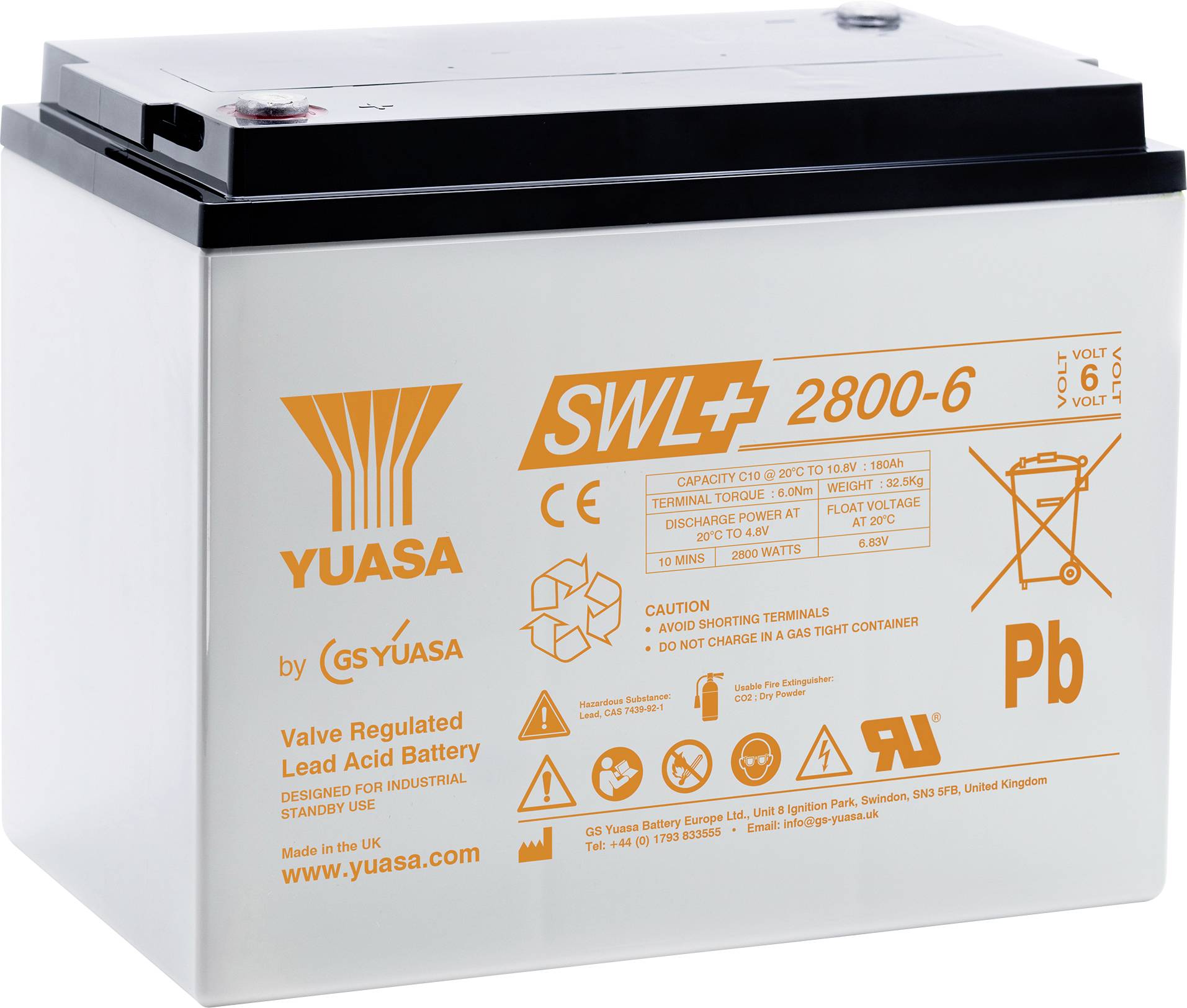 Eine 6-Volt-ventilregulierte Bleisäurebatterie der Marke 'Yuasa' und des Modells 'SWL 2800-6'. Mit Sicherheitssymbolen und Spezifikationen.