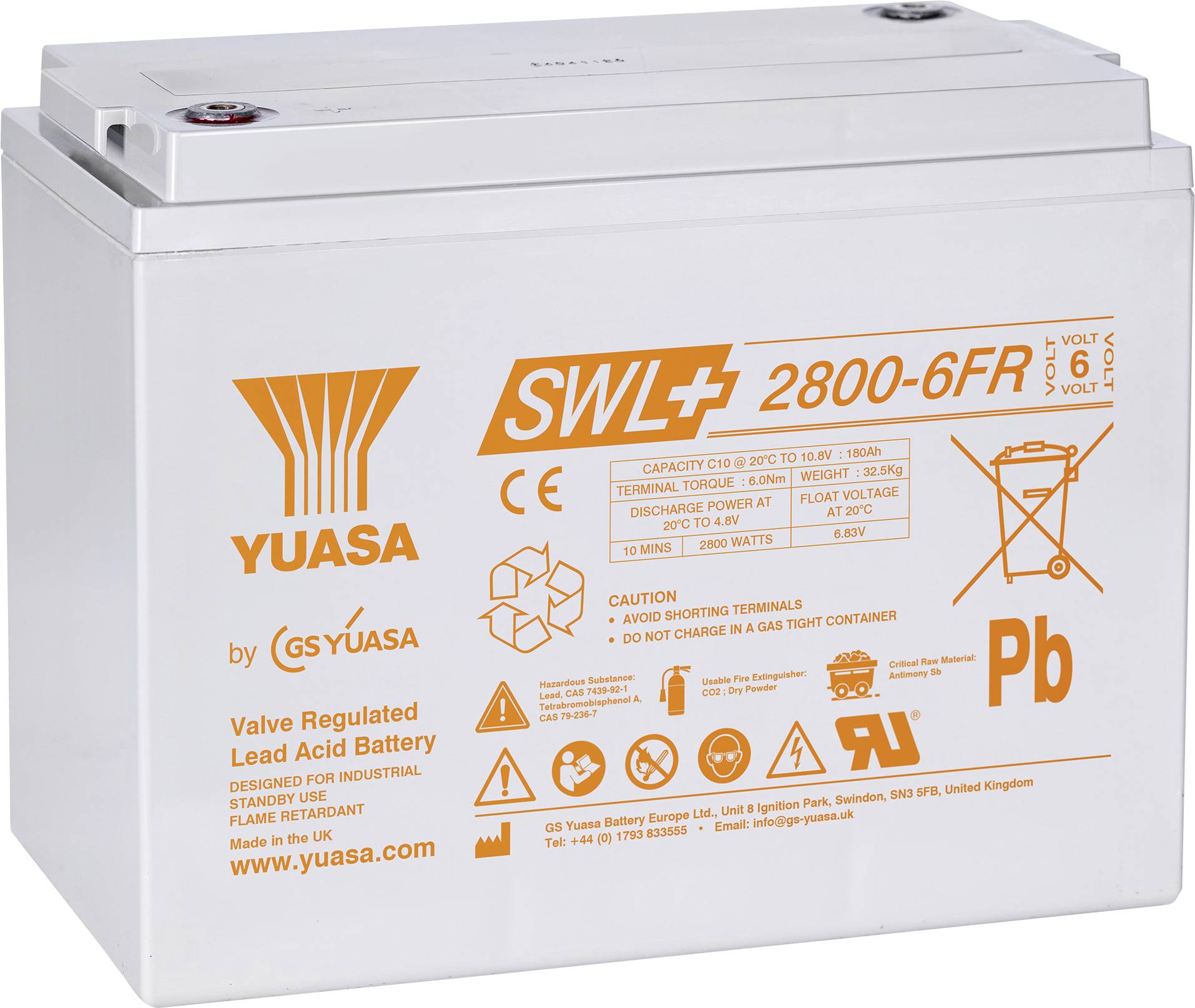 Eine weiße Industriebatterie mit der Beschriftung „Yuasa SWL 2800-6FR