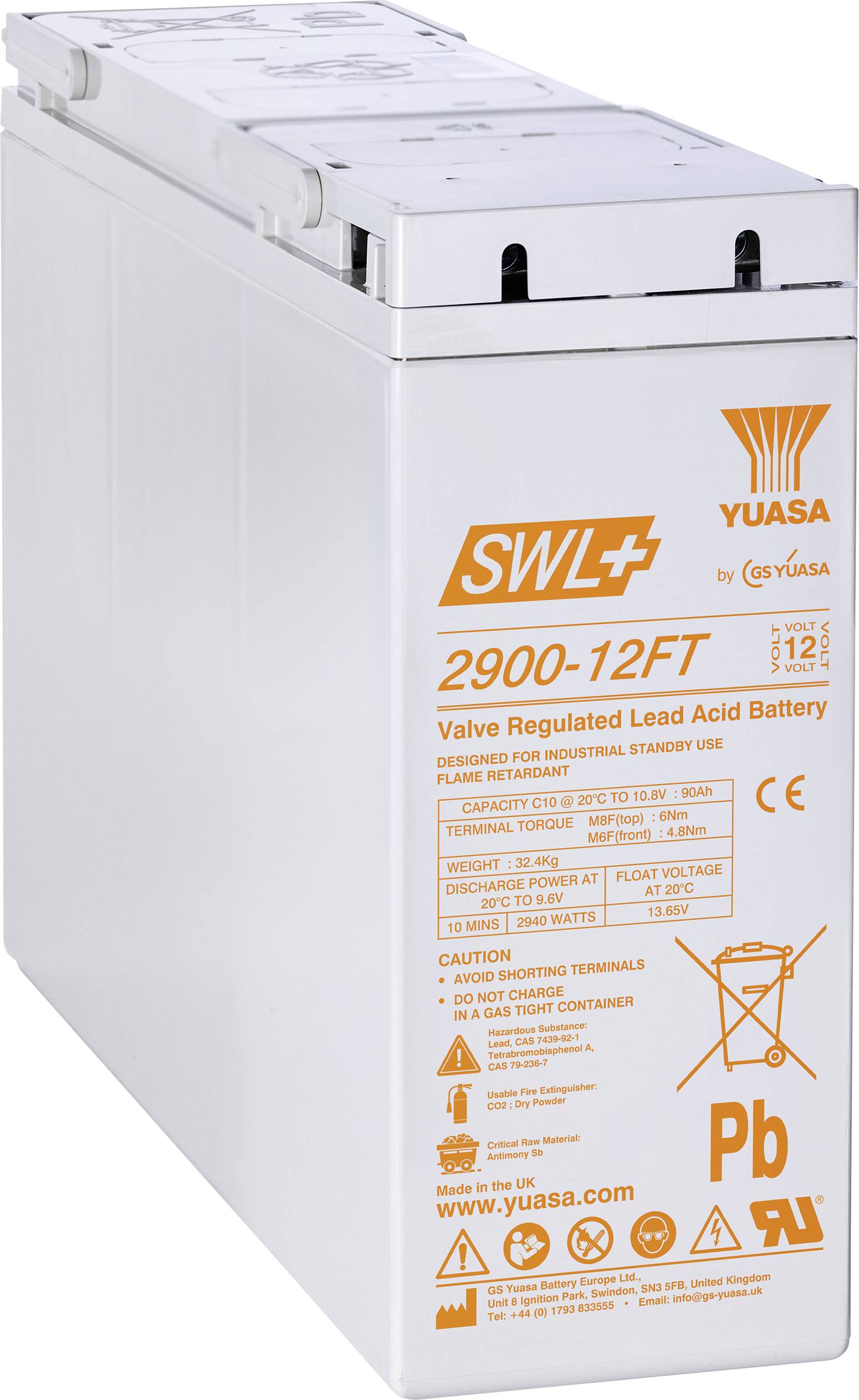 Frontansicht einer Yuasa SWL 2900-12FT ventilgeregelten Bleisäure-Batterie mit technischen Spezifikationen und Sicherheitswarnungen auf ihrem Gehäuse.