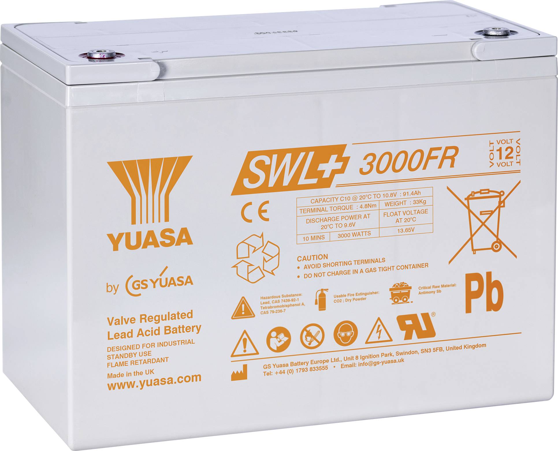 Yuasa SWL 3000FR Blei-Säure-Batterie, 12V, ventilgesteuert. Warnsymbole: Klemmen nicht kurzschließen, keine offenen Flammen. Hergestellt im Vereinigten Königreich.