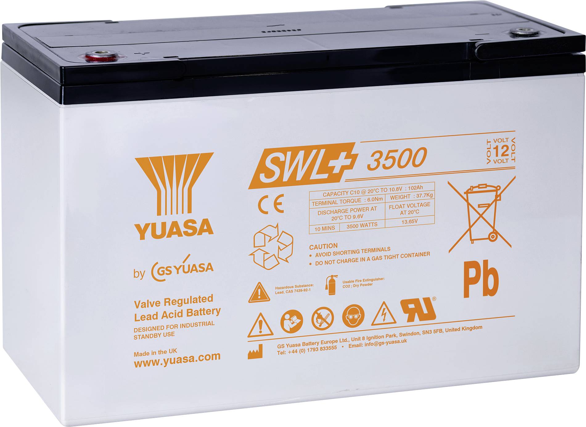Eine weiße rechteckige Blei-Säure-Batterie mit orangefarbener Beschriftung und Symbolen auf der Seite, beschriftet mit „YUASA SWL 3500