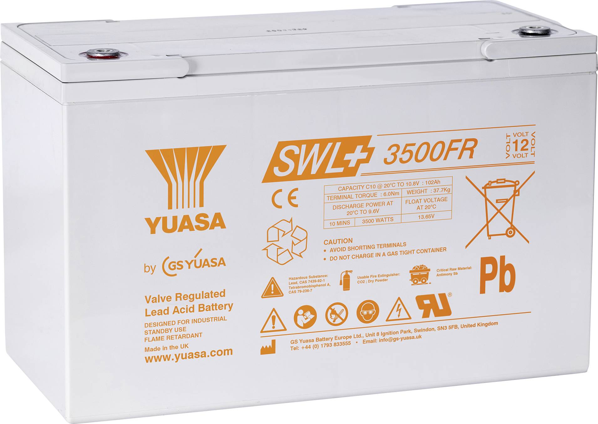 Eine Bleisäure-Batterie mit der Bezeichnung „YUASA SWL 3500FR
