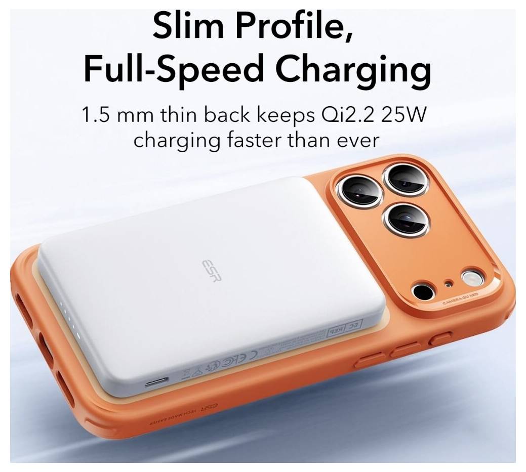 Orangene Handyhülle mit angebrachter dünner Powerbank, beschriftet mit „Qi2.2 25W