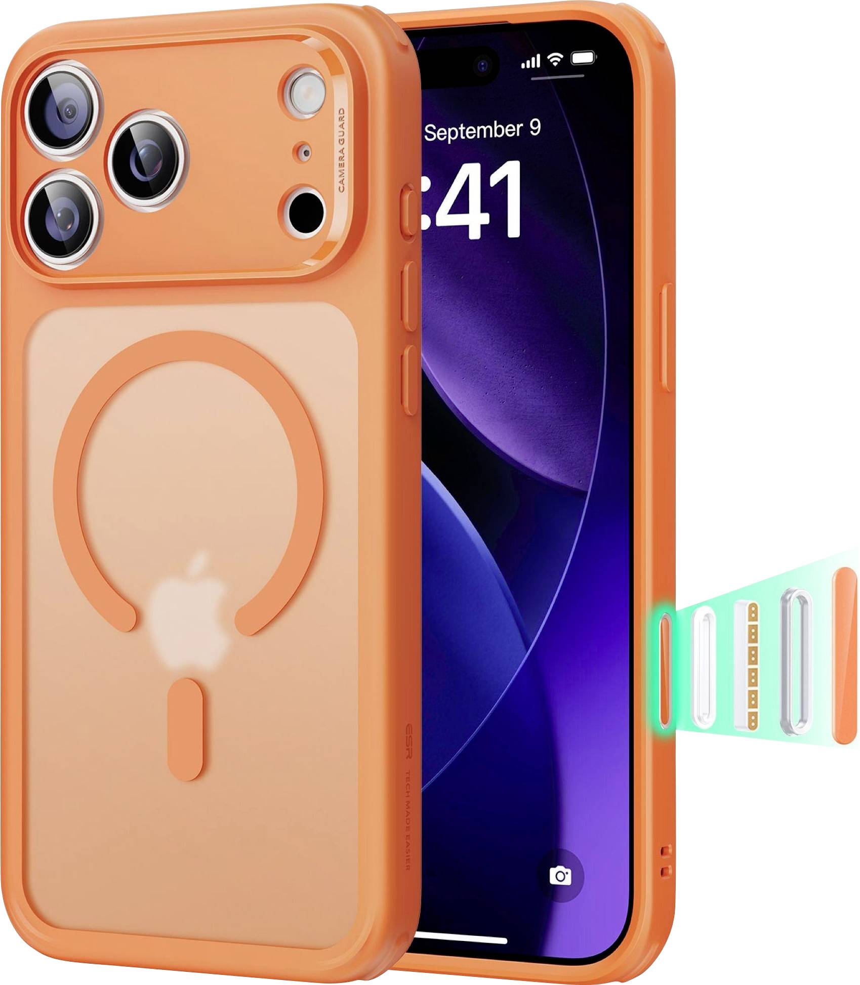 Orange iPhone-Hülle mit MagSafe-Kompatibilität, Nahaufnahme mit iPhone zeigt die Zeit '9:41' am 9. September. Die Hülle bietet Kamerasystem-Schutz.